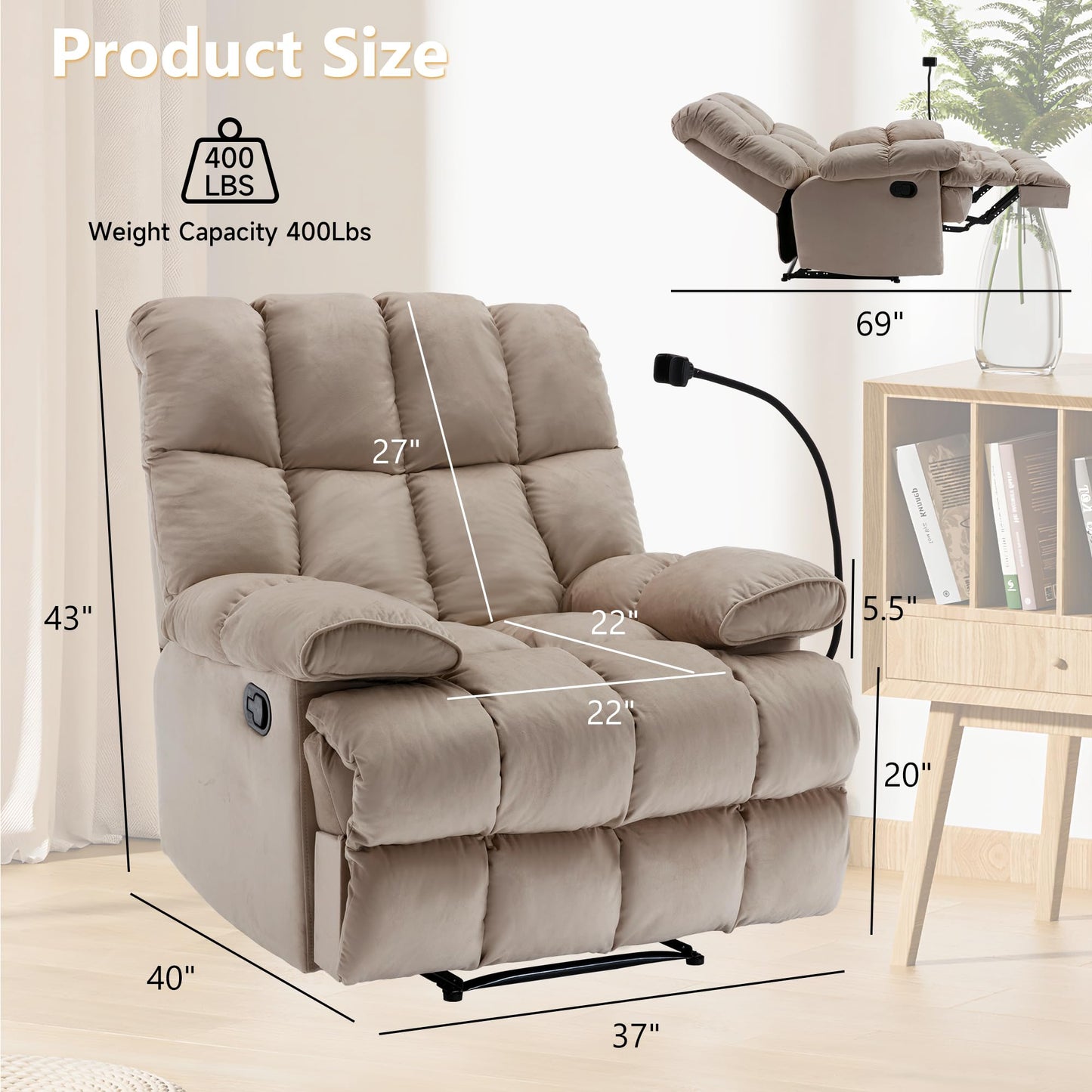 hzlagm Oversized Recliner Chairs for Adults 400LBS, Extra Wide Recliner, Manual Recliner Chair with Overstuffed Armrest and Backrest, Velvet Big and Tall Recliners for Living Room, Beige