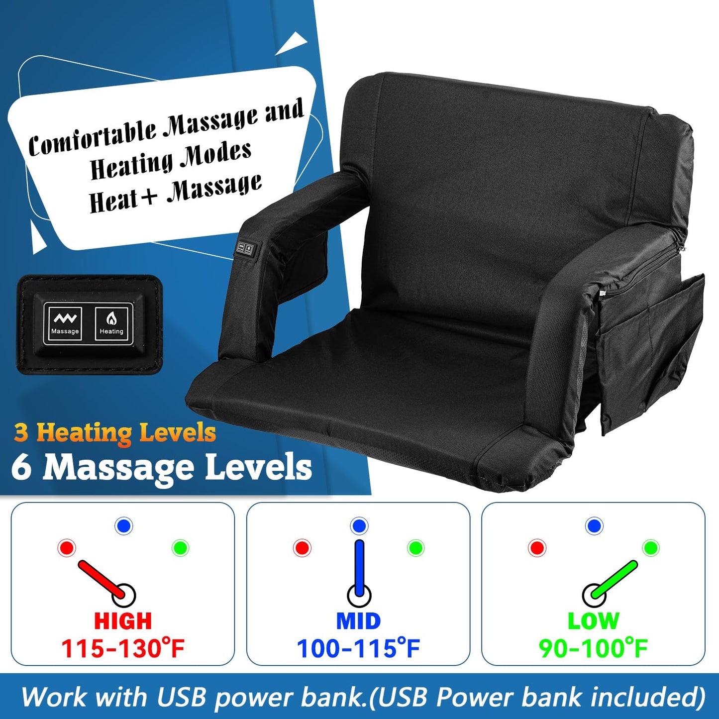 Heated Massage Stadium Seats, 25 Inch Heated Stadium Seats for Bleachers with 10000mAh Power Bank, 3 Levels of Heat & 6 Massage, 6 Reclining Positions for Indoor Stadiums, Baseball Stadiums
