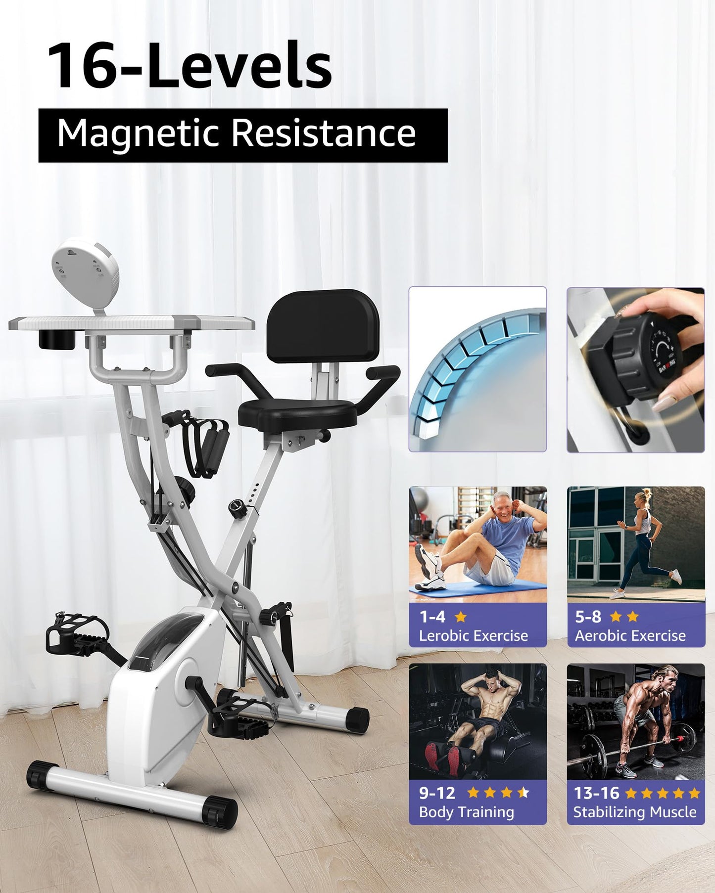 LINBOLUSA Indoor Exercise Bike for Seniors, 5 IN 1 Foldable Stationary Bike with 16-Level Magnetic Resistance and Tri-Position Ride, 330LBS Capacity, 6.6 LBS Flywheel, Designed for Home Workout 819 White