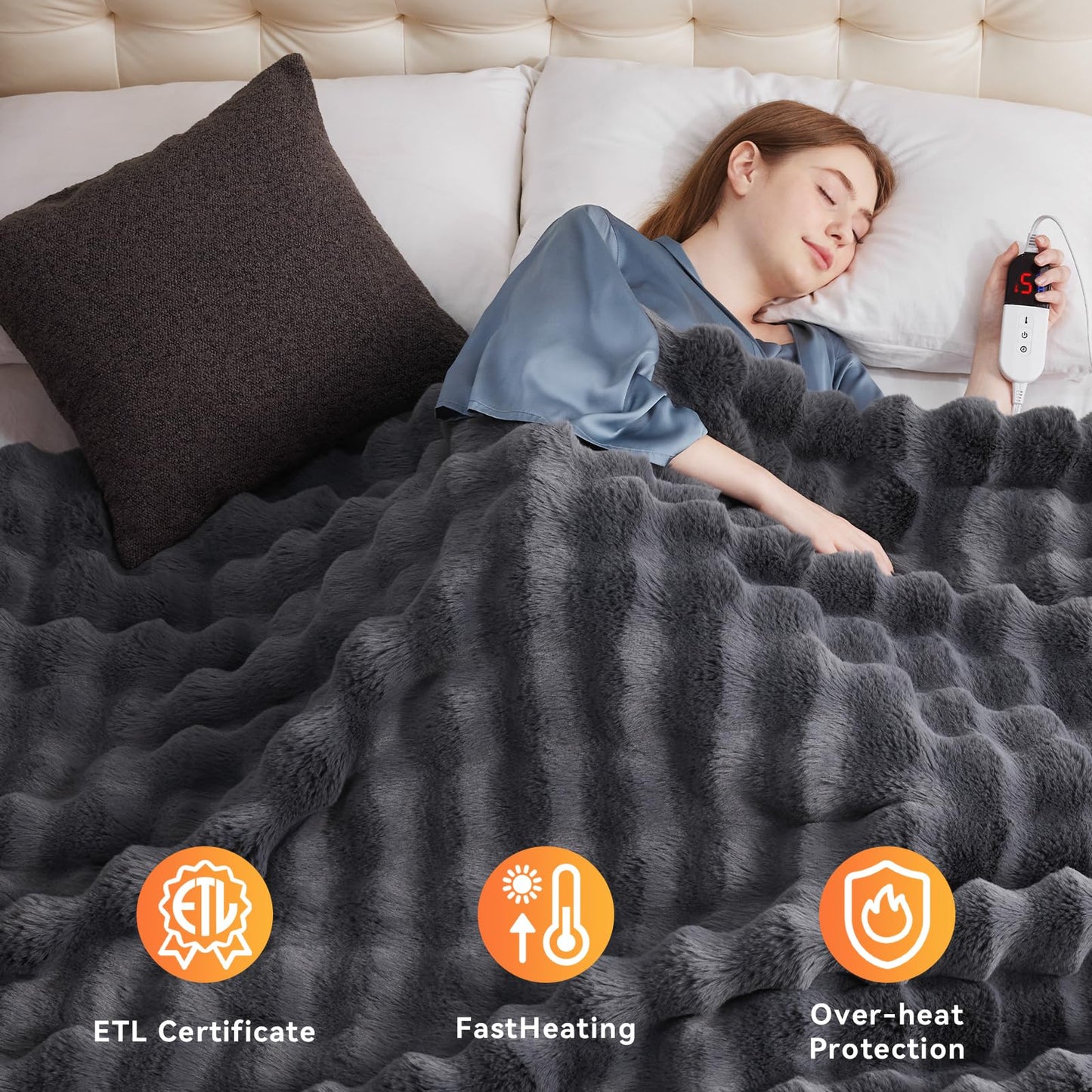 Anysay Heated Blanket Throw with 6 Hours Auto-Off 10 Heat Level, 62'' * 84'' Cozy Faux Rabbit Fur Bubble Electric Throw with Overheat Protection, Soft Fast Heating Blanket with ETL (Dark Grey)