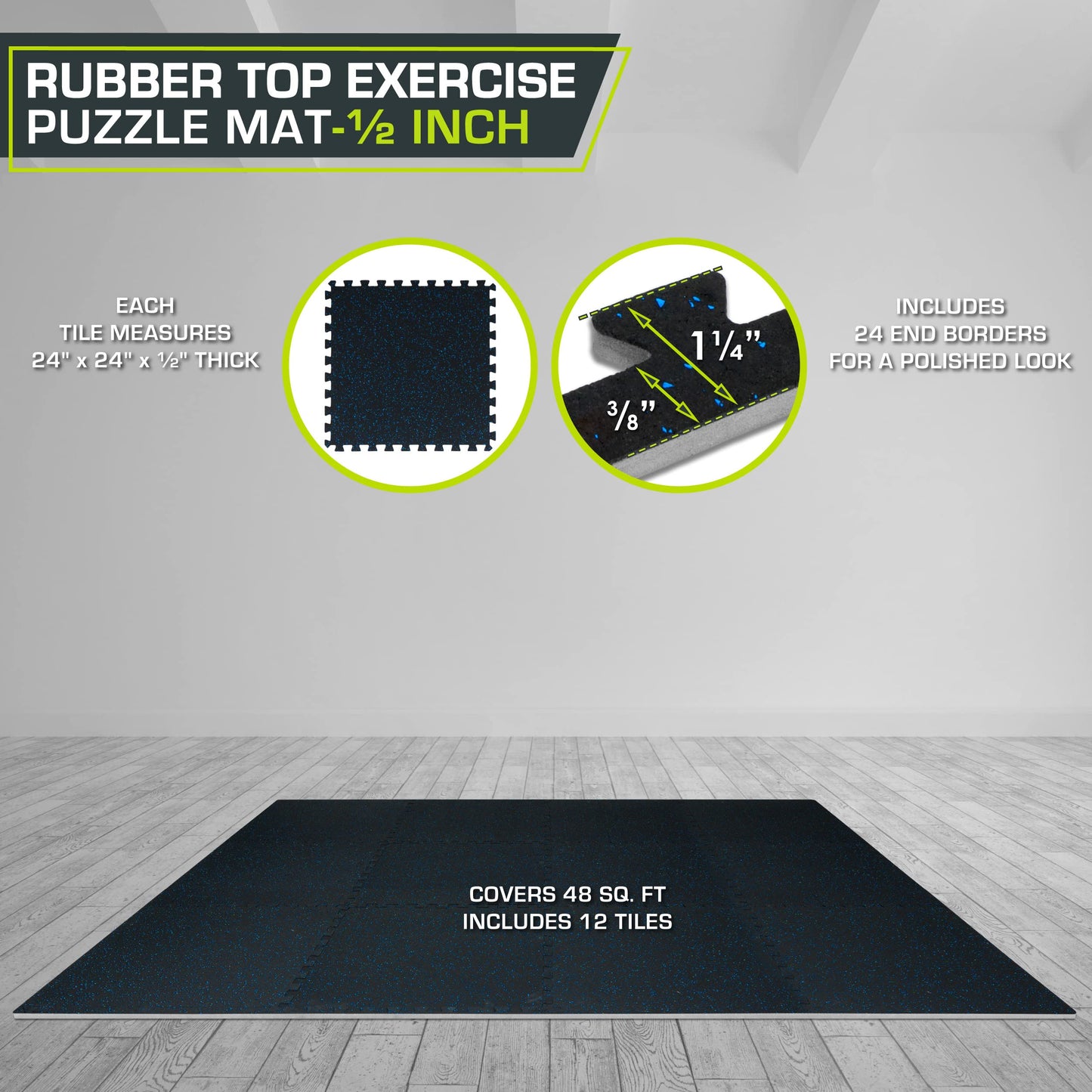 ProsourceFit Rubber Top Exercise Puzzle Mat ½-inch, 48 SQFT, 12 Tiles, EVA Foam Interlocking Tiles for Home Gym Protective Flooring for Equipment and Workouts, Blue