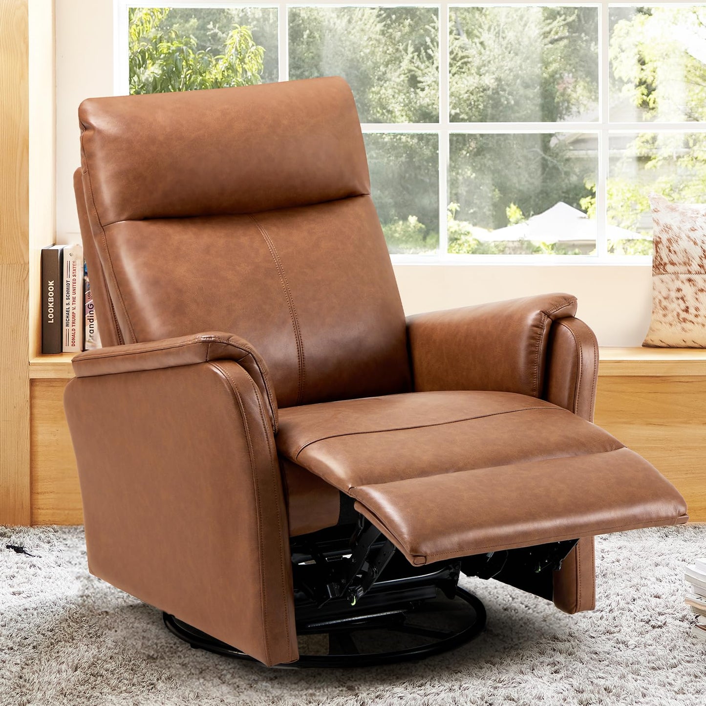 Swivel Rocking Recliner Glider Chair, Leather Nursery Reclining Rocker Chair with Footrest, Ergonomic Backrest, Wide Seat Cushion and Metal Base-Cocoa