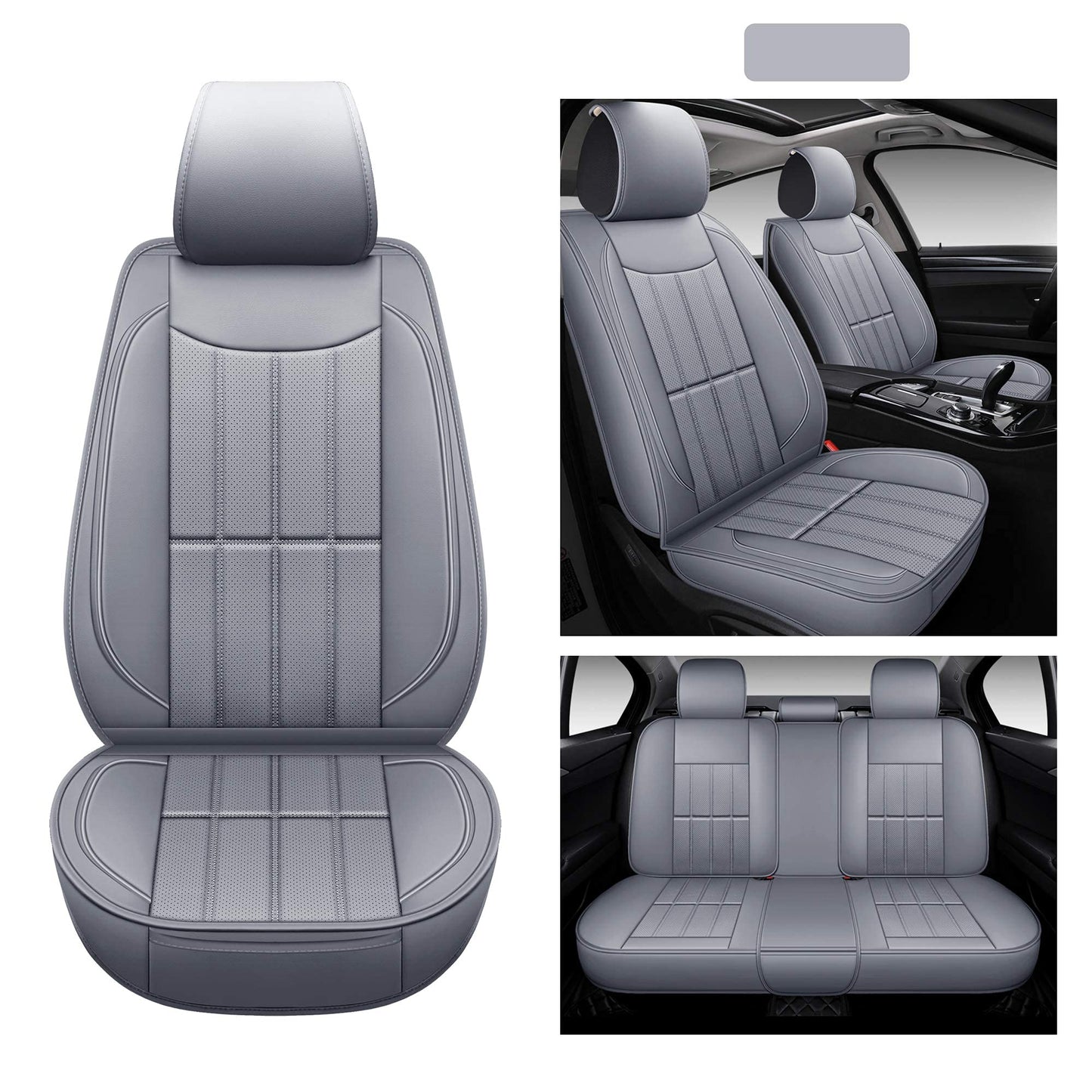 AOOG Leather Car Seat Covers, Leatherette Automotive Vehicle Cover for Cars SUV Pick-up Truck, Universal Non-Slip Vehicle Cover Waterproof Interior Accessories, Full Set, Gray
