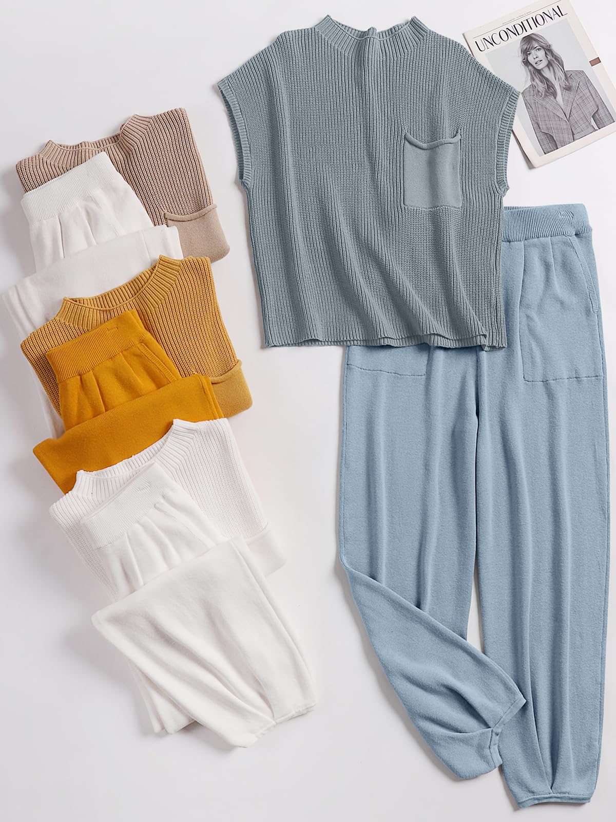 ANRABESS Women's Two Piece Outfits Knit Sweater Pullover Crop Top & Pants Lounge Matching Tracksuit Sweatsuit Sets 2024 Trendy Loungewear Clothes Sky X-Small