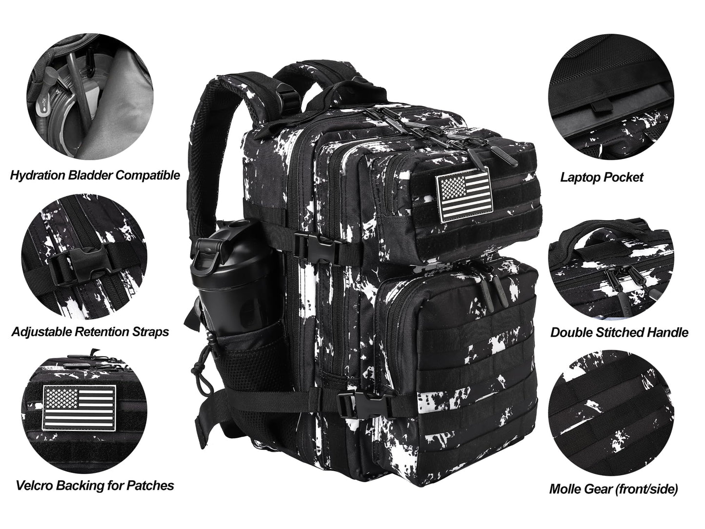 LHI Tactical Military Backpack for Men and Women 25L Army Assault Pack Bag Large Rucksack with Molle System - Black Lightning