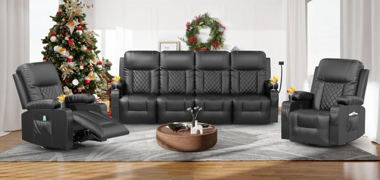 FURNIMAT Oversized Recliner Sofa Set with 4+1+1 Pieces in Living Room, 4 Seater Reclining Sofa, 2 Recliner Chair with 360 Degree Swivel Single Sofa Seat