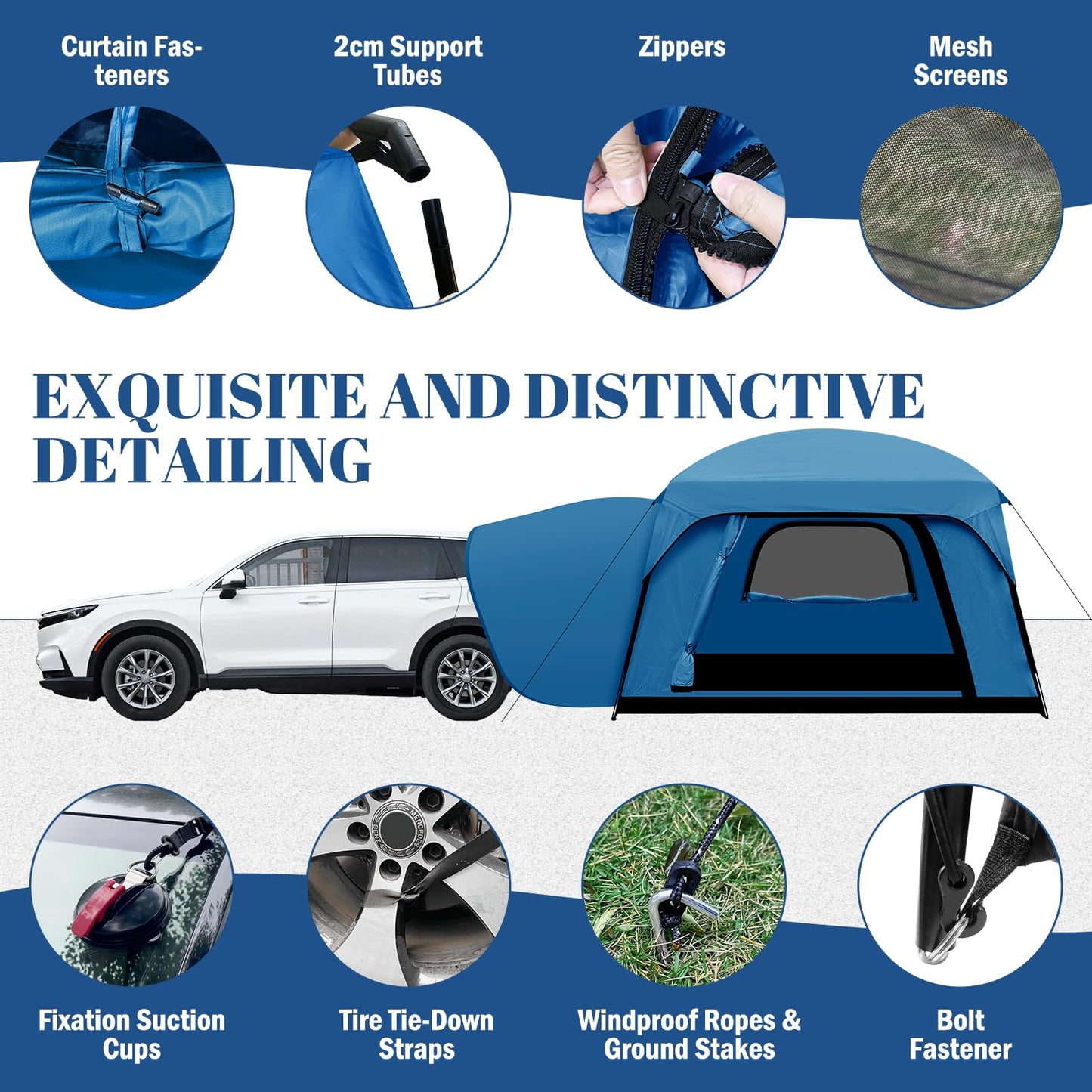 Qualencey SUV Tent, Dual Mode (Party & Privacy), Heavy-Duty Oxford Fabric, Sturdy Metal Frame, Quick Connect Setup for SUV/Jeep/Truck with Cap, All-Season Waterproof Camping Shelter (Blue)