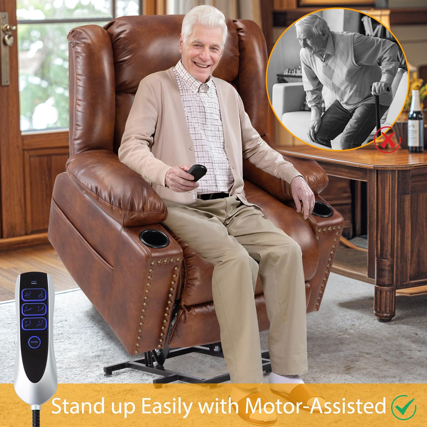 Cfvyne Triple Motor Large Power Lift Recliner Chair for Elderly with Heat and Massage, Lay Flat Lift Chairs for Seniors Infinite Position, Extended Footrest, USB Ports, Cup Holder, Light Brown