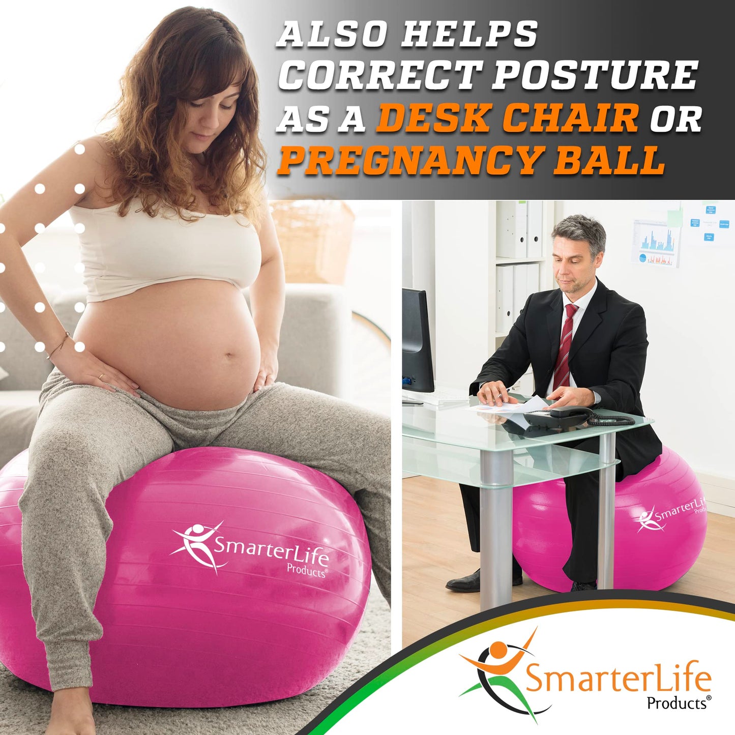 SmarterLife Workout Exercise Ball for Fitness, Yoga, Balance, Stability, or Birthing, Great as Yoga Ball Chair for Office or Exercise Gym Equipment for Home, Non-Slip Design (45 cm, Fuchsia)