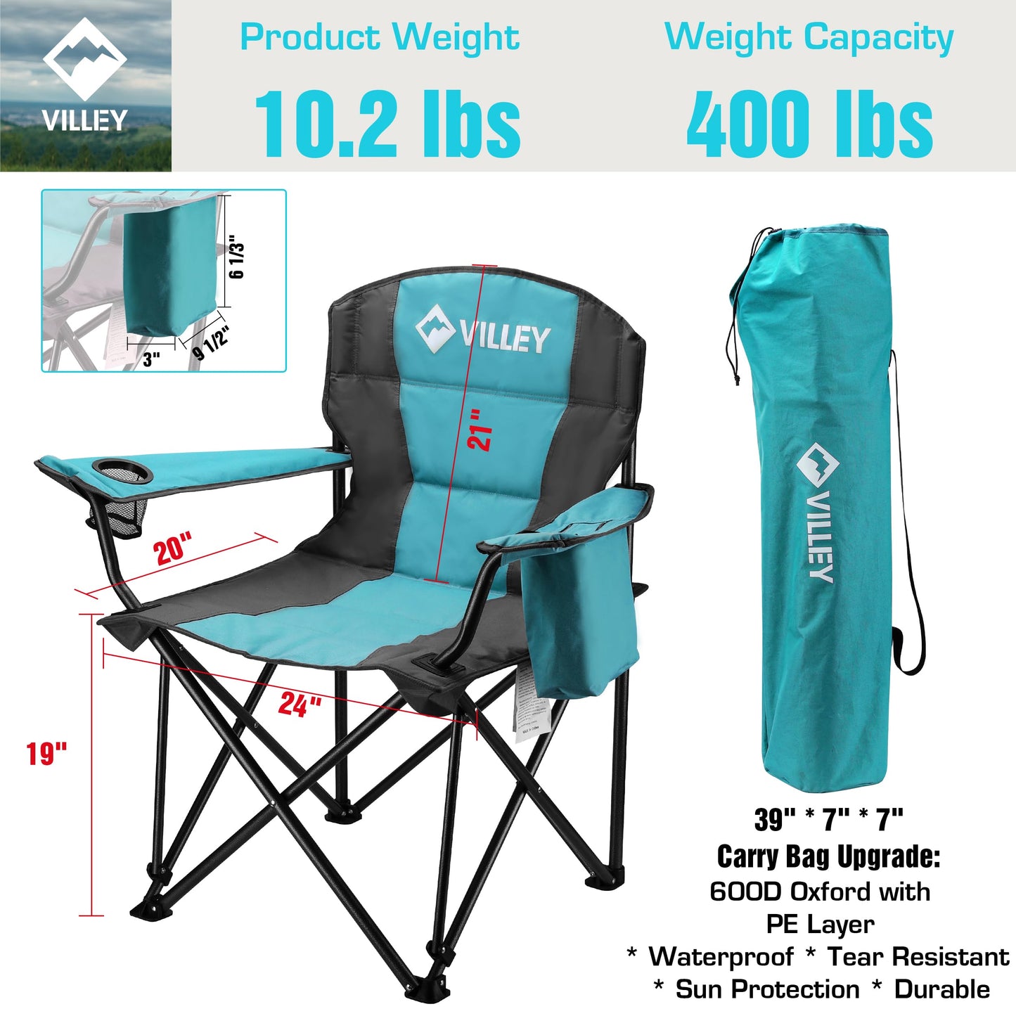 VILLEY Camping Chair, Oversized Folding Camp Chair, Portable Outdoor Chairs Support 400 LBS with Padded Seats, Cooler Bag, Cup Holder, Carry Bag, Blue