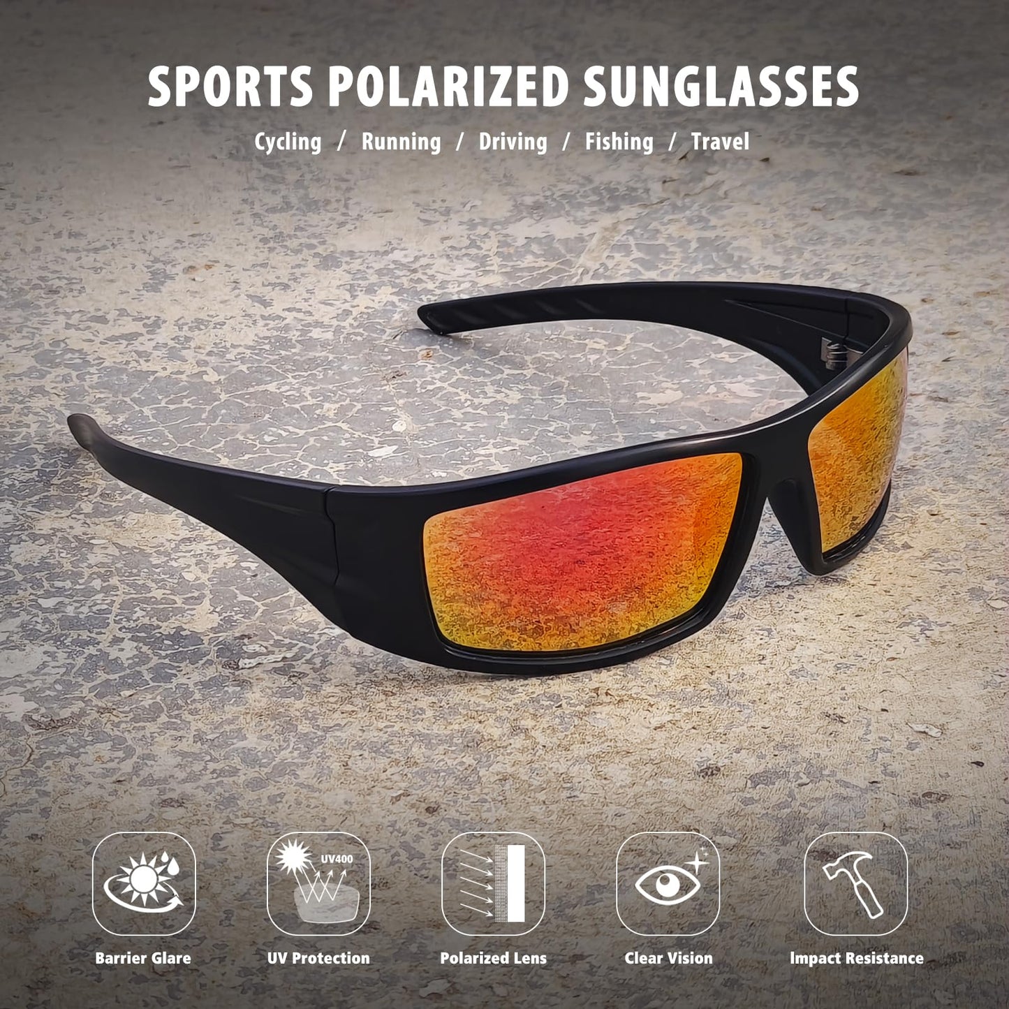 Ofwin Polarized Sports Sunglasses for Men Women Unbreakable Frame Cycling Fishing Wrap Around Sunglasses UV400 Protection Matte Black Frame/Red Mirror Lens