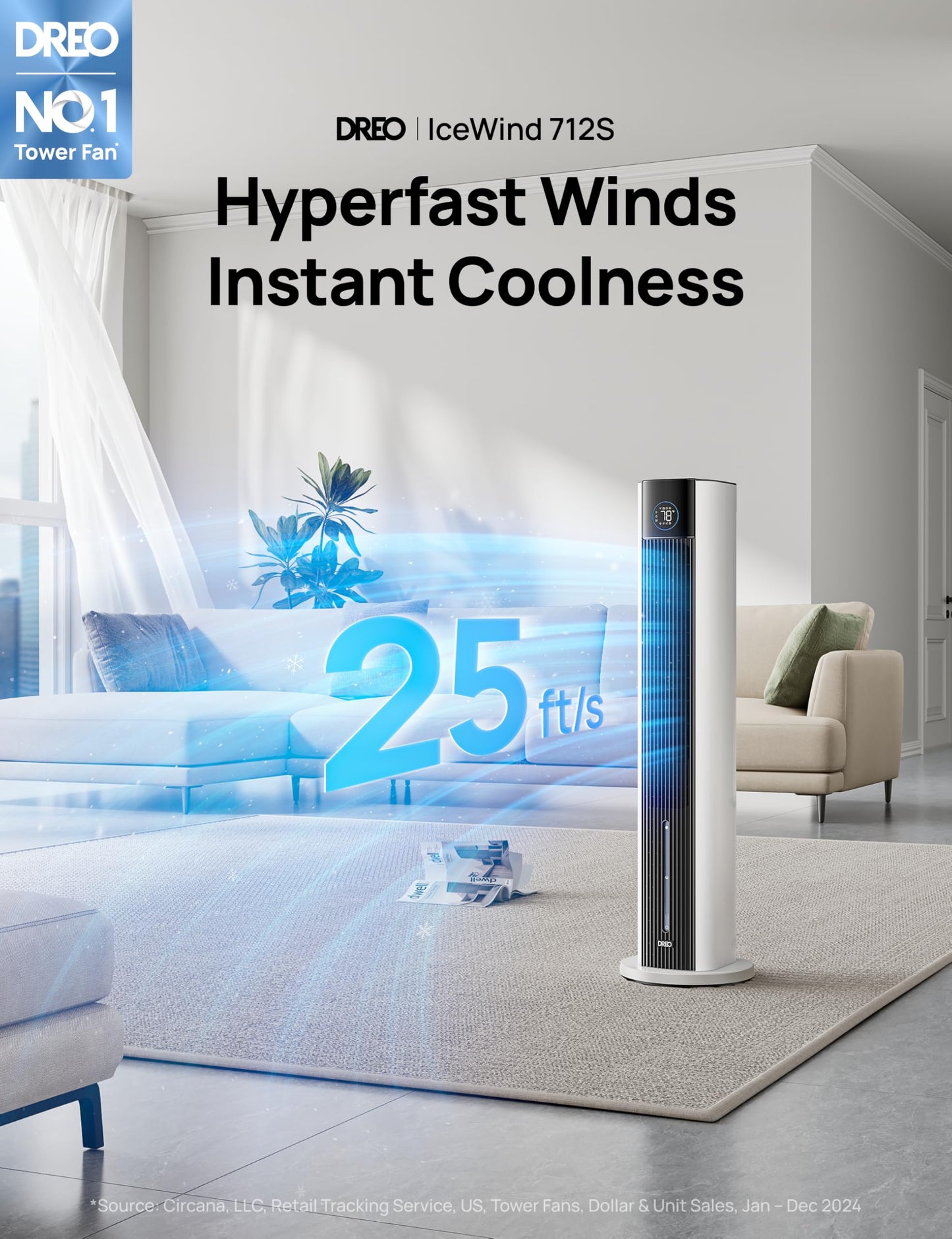 Dreo Evaporative Air Swamp Cooler, 43" Cooling Fans that Blow Cold Air 2025 Upgraded, 85° Oscillating Floor Fan for Bedroom, Easy Cleaning, APP Control, Ice Packs, 4 Speeds & 4 Modes, 12H Timer, White