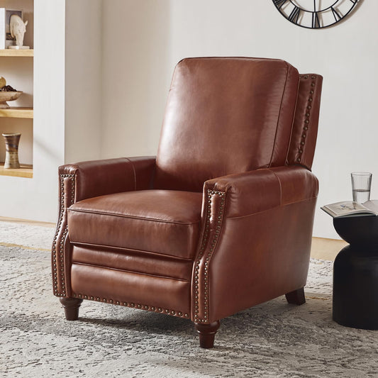 HULALA HOME Genuine Leather Manual Recliner Chair,Classic Push Back Reclining Armchair Sofa with Thick Seat, Adjustable Backrest & Nailhead Trim for Living Room Home Theater (Brown)