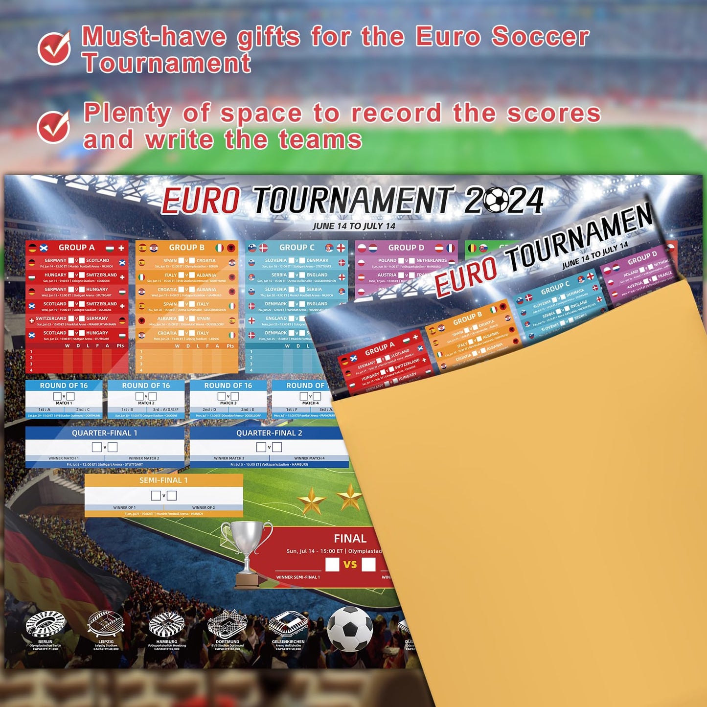 AhfuLife 2 Pcs Euro 2024 Wall Chart Poster Decorations - A1 Size Euro 2024 Soccer Match Schedule Poster with ET Time, European Germany 2024 Football Soccer for Bar Home Party Decor (23.3''×33.1'')