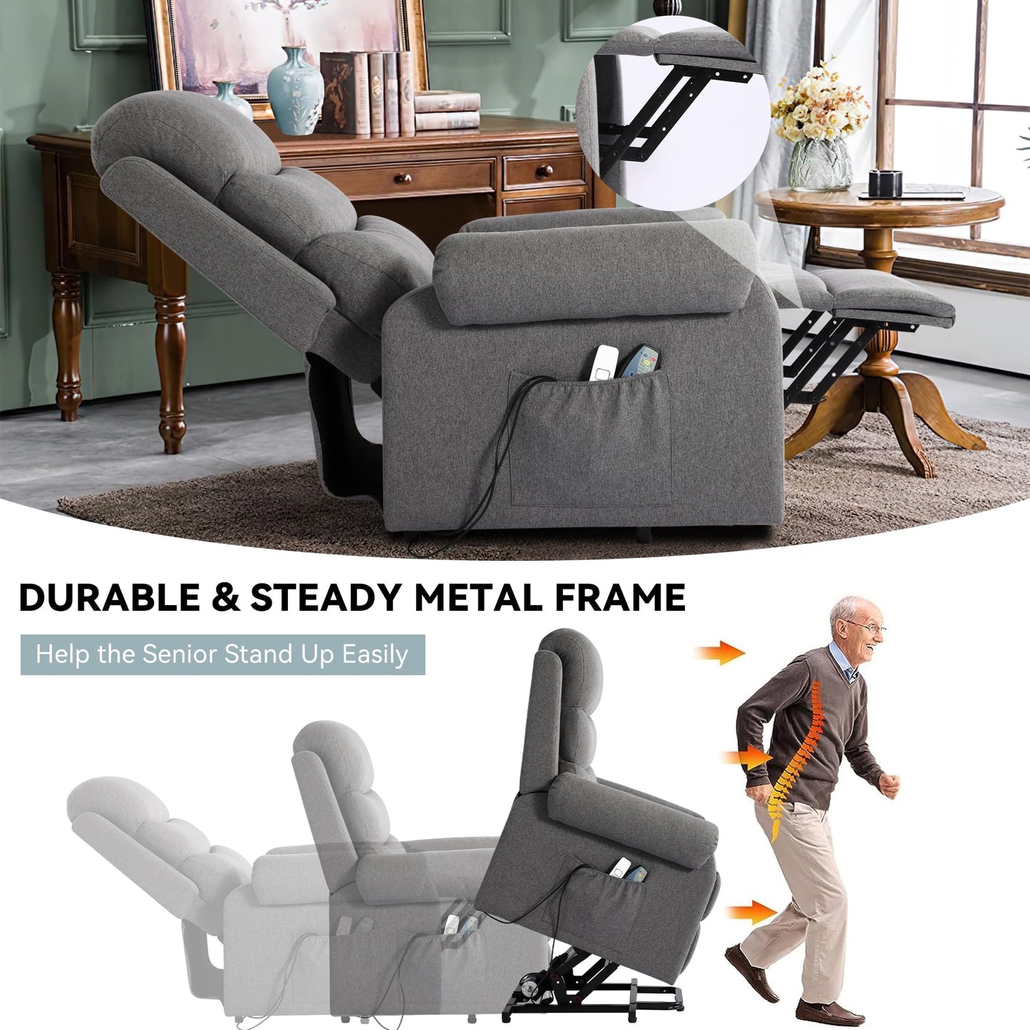 LOUVIXA Power Lift Recliner Chair Recliners for Elderly with Heat and Massage Recliner Chair for Living Room with Infinite Position and Side Pocket, USB Charge Port (Modern Grey)