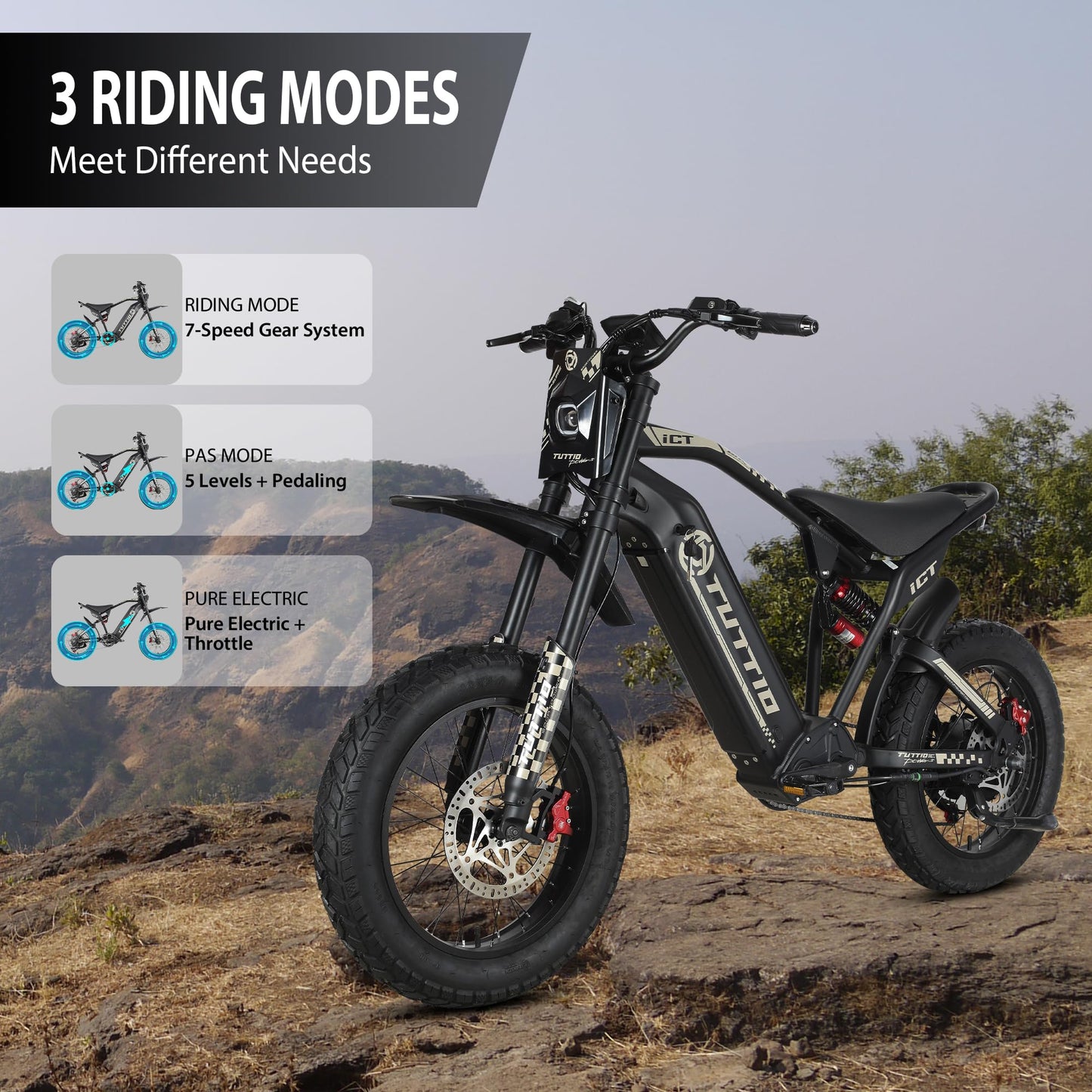 Tuttio Electric-Dirt-Bike for Adults-Teens, ICT Peak 4000W-43MPH-60V-25AH Electric Motorcycle 20" Fat-Tire-Electric-Bike for Mountain Snow Off-Road Fit Age 16+