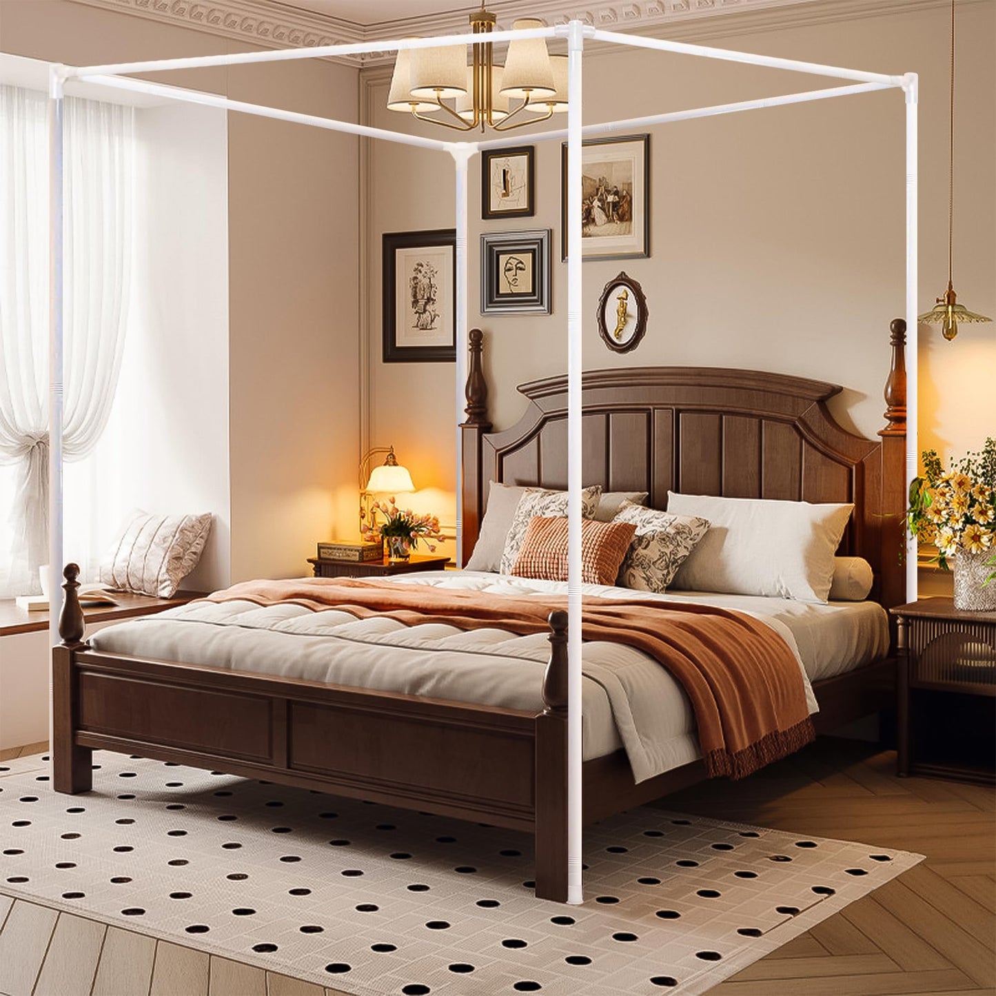 Stainless Steel Canopy Bed Frame King Size, Heavy Duty King Size Metal Canopy Frame for Metal Bed Wood Bed Bedroom Decor, White