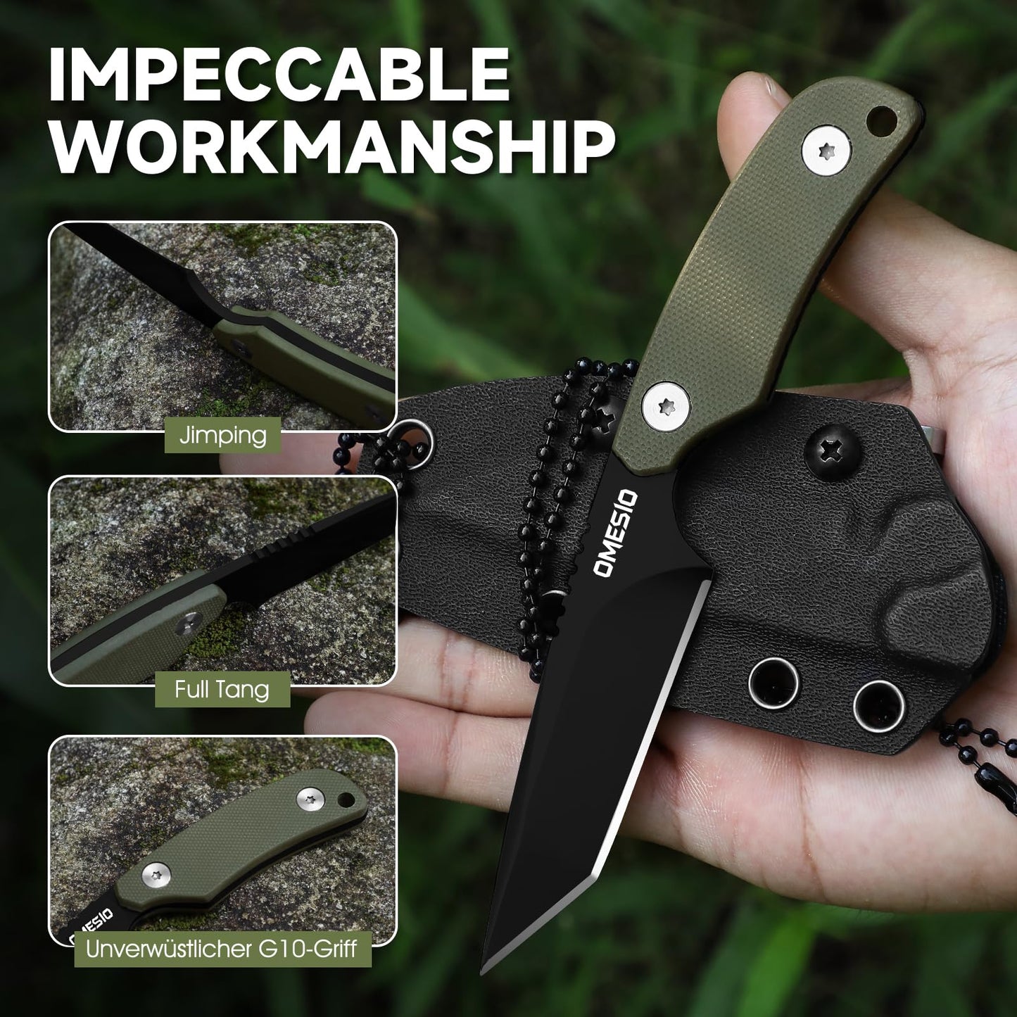 Omesio Tanto Neck Knife, Small Fixed Blade Knife with Kydex Sheath and Clip, Full Tang 6" Neck Knife with Sheath and Necklace, Mini Tactical EDC Knife D2 Steel G10 Handle(Black Steel+ Green Handle)
