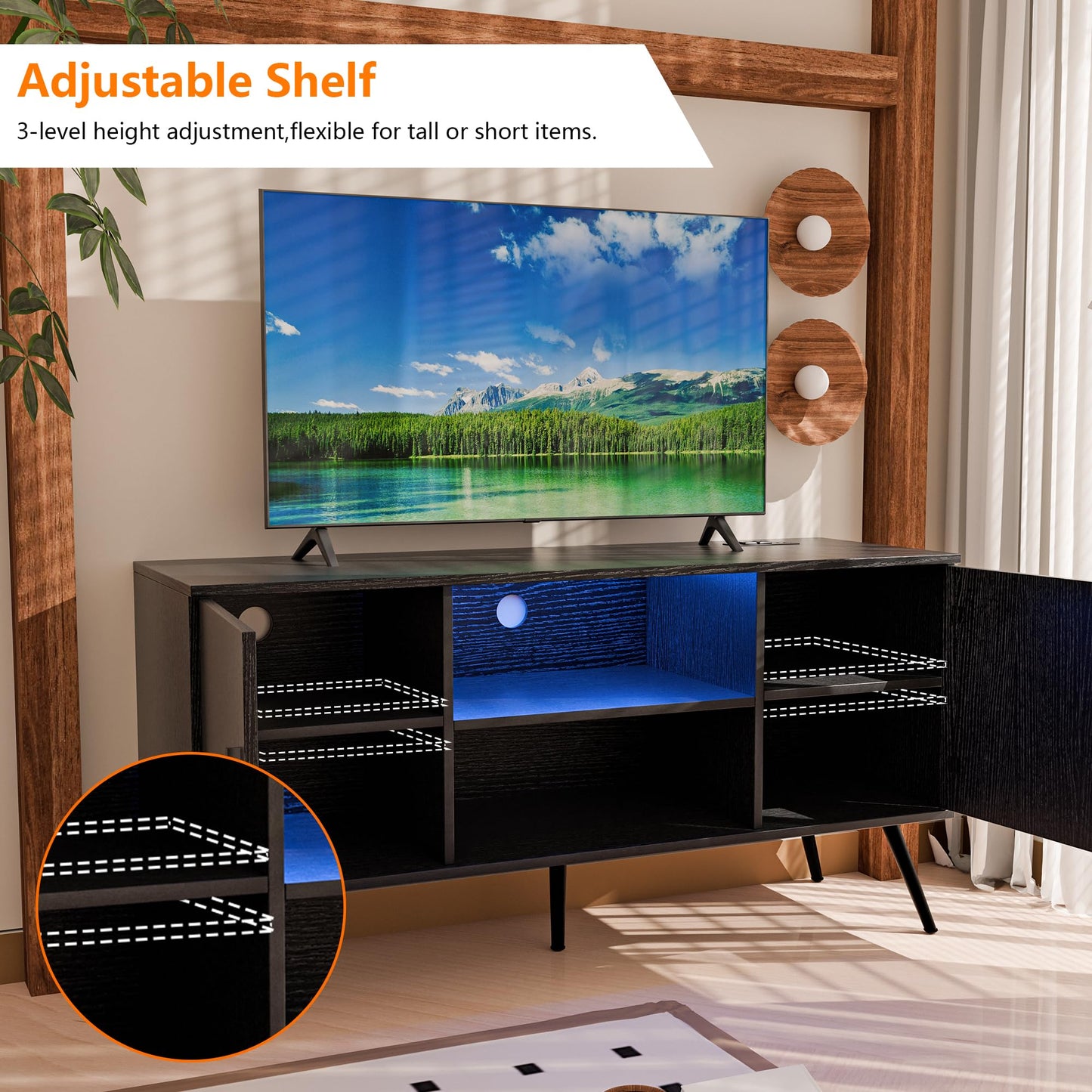 Algglobuy TV Stand for 65 Inch TV, Entertainment Center with RGB LED Light, Small Television Stands with Storage & Adjustable Shelves, Modern Media TV Console with for Bedroom, Living Room (Black)