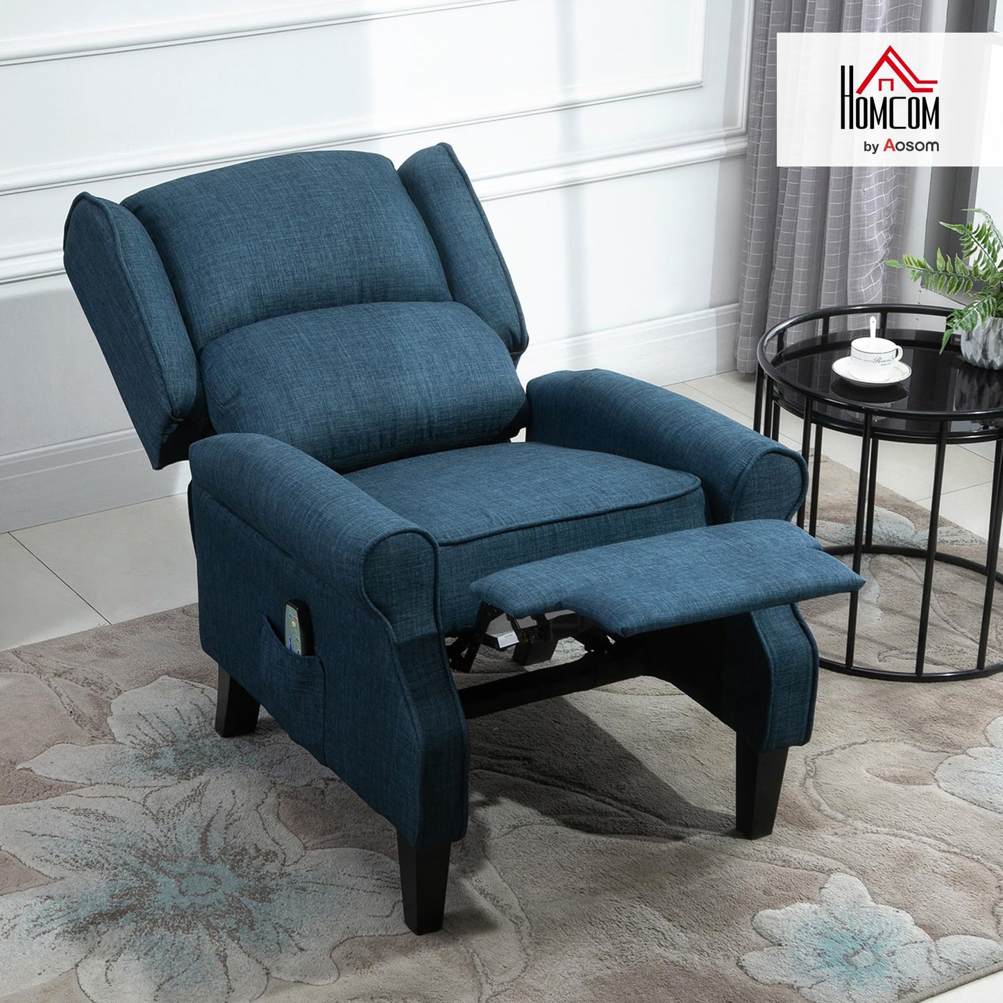 HOMCOM Vibration Massage Recliner Chair for Living Room with Heat, Wingback Single Sofa, Modern Linen Fabric Push Back Reclining Chair with Footrest, Side Pocket, Beige, Blue