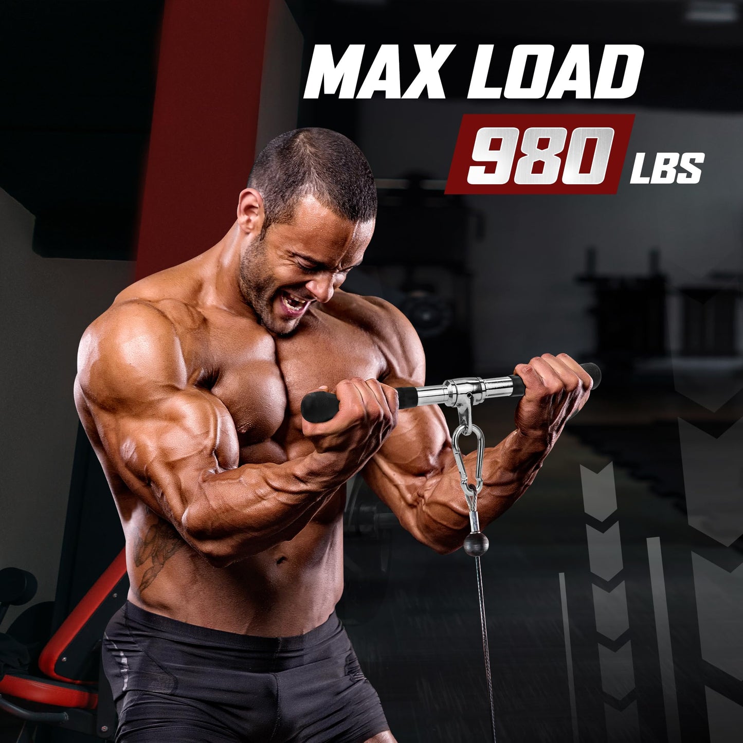 Yes4All 980 LBS Straight Bar Cable Attachment for Gym, LAT Tricep Pull Down Bar with Rubber Handle Grip Carabiner Included