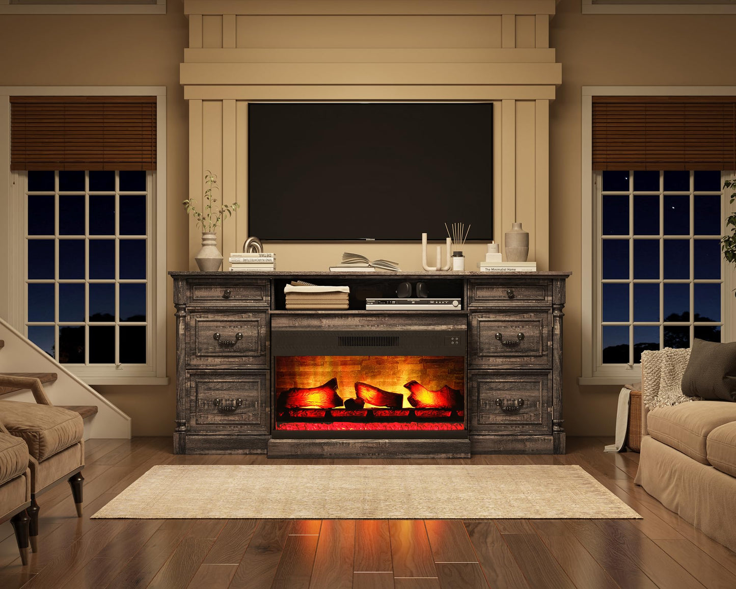 AMERLIFE 75" Fireplace TV Stand, Large TV Stand with 36" Fireplace, Farmhouse Entertainment Center with Solid Wood Roman Column, 2 Drawers & Cabinets Storage, for TVs up to 85", Dark Rustic Oak