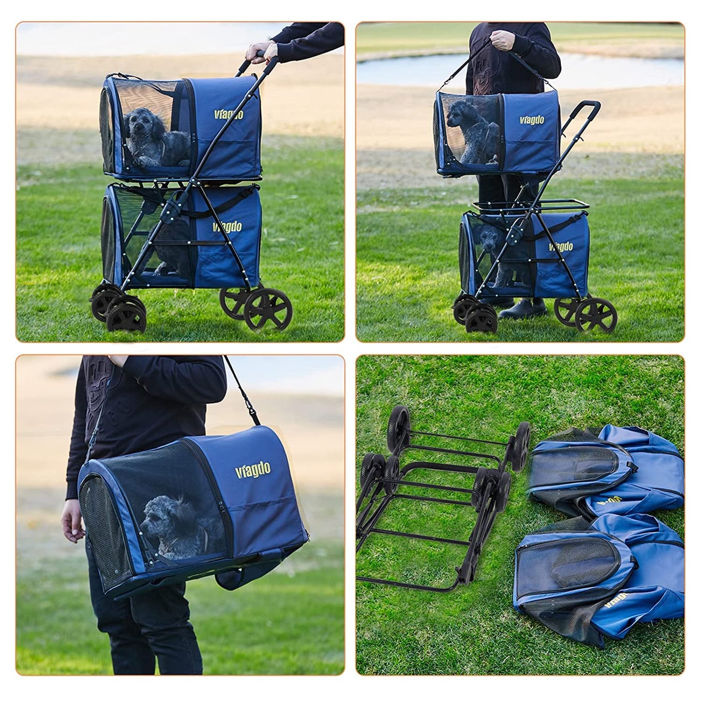 VIAGDO Dog Strollers for Small Medium Dogs, Double Cat Strollers for 2 Cats, 4-in-1 Small Doggy Pet Stroller, 2 Detachable Carriers, 4 Lockable Wheels, Pet Travel Cart, Folding Trolley, Navy Blue
