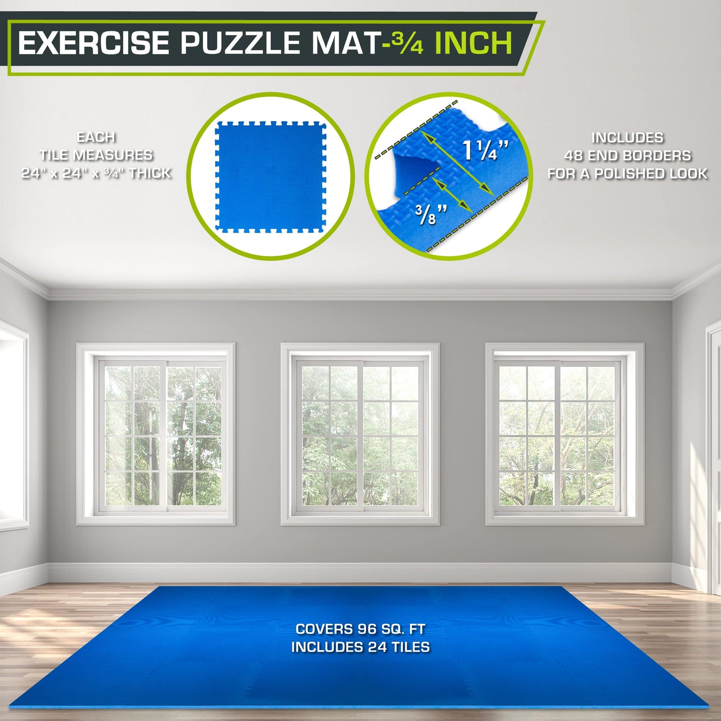ProsourceFit Extra Thick Puzzle Exercise Mat , EVA Foam Interlocking Tiles for Protective, Cushioned Workout Flooring for Home and Gym Equipment, Blue - 3/4 inch - 96 Sq Ft - 24 Tiles
