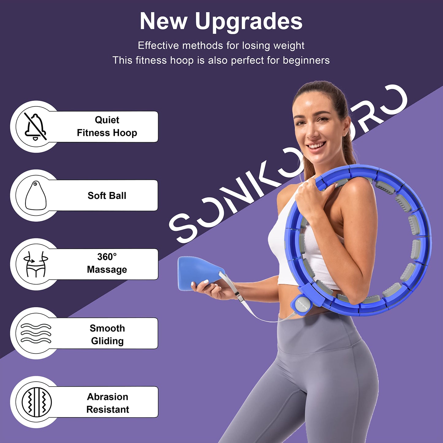 Weighted Workout Hoop for Adult Weight Loss - 50" Plus Size Silent Smart Waist Fitness Circle with Ball - Abs Exercise Equipment for Home Blue