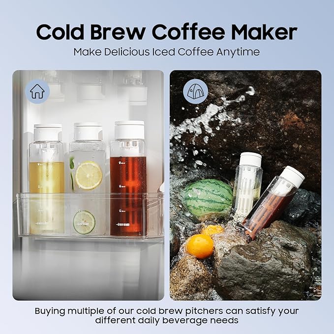 MHW-3BOMBER Cold Brew Coffee Maker Iced Coffee Tea Pitcher - 20oz Portable Brewing Coffee Cup with Filter - Reusable Tritan Material Bottle, Space-Saving Design, Black, CE6137B-OS
