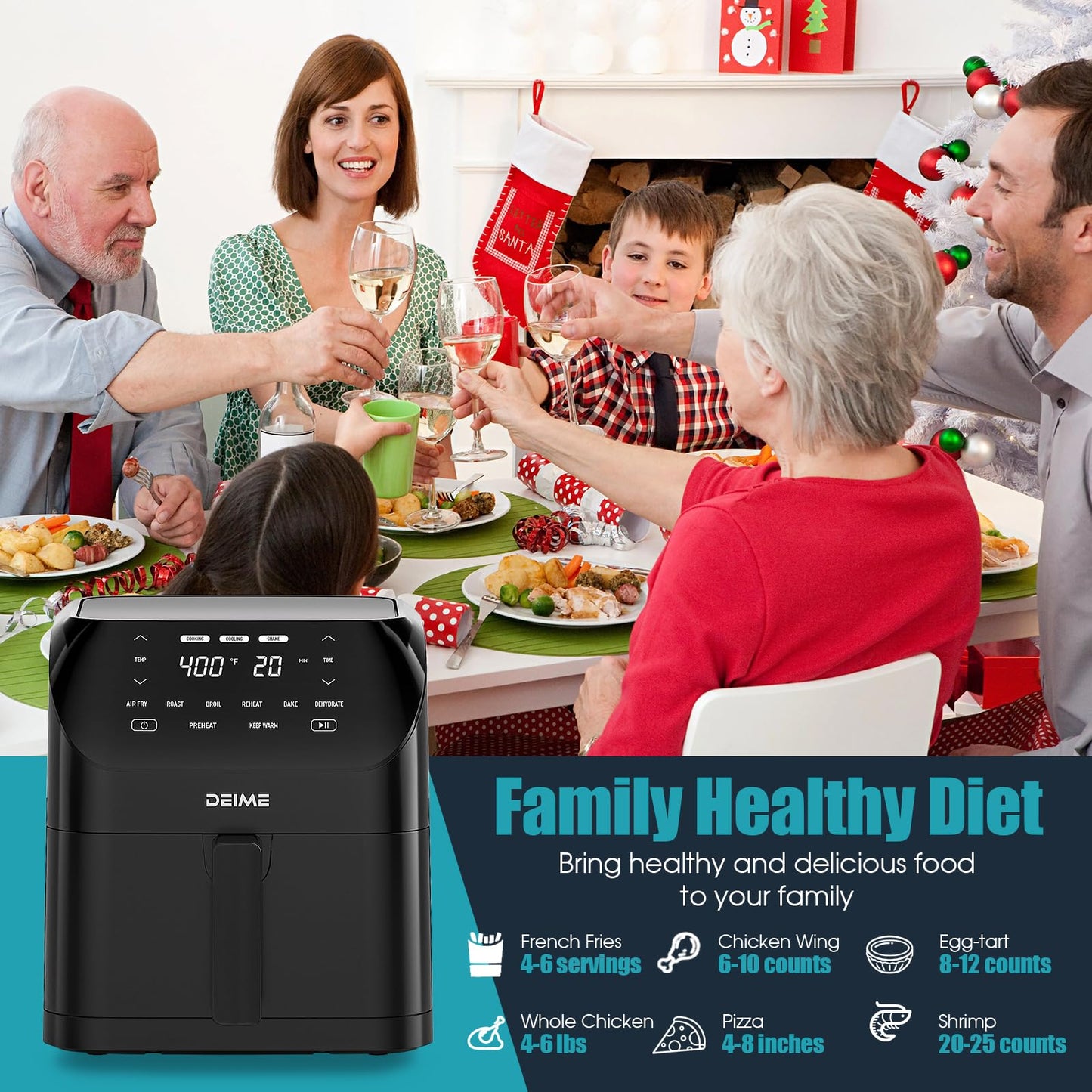 Air Fryer 6.2 QT Large Capacity Oilless Hot Air Fryers Oven 1500W Healthy Cooker with 8 Presets, Digital LCD Touch Screen, Visual Cooking Window, Non-Stick Basket, Included Recipe (Black-M)