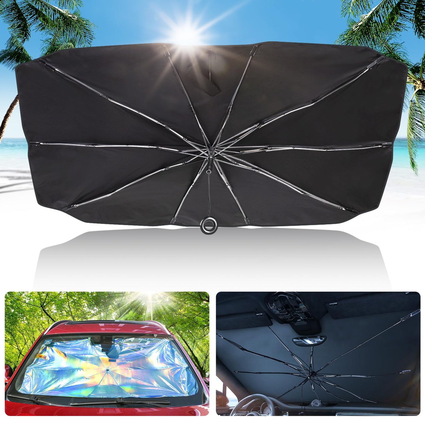 AOKWAY Windshield Sun Shade Umbrella, Foldable Car Sunshade with UV Blocking - Protect Car from Sun Rays & Heat Damage Keep Cool and Protect Interior,Medium (59.1" L x 32.2" W)