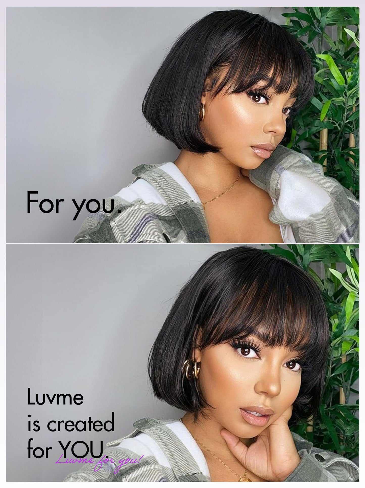 LUVME HAIR 10 Inch Silky Straight Bob Wig with Bangs Human Hair Realistic HD Lace Short Black Bob Wigs, Ready to Go Blunt Cut Bob Wig Glueless 180 Density