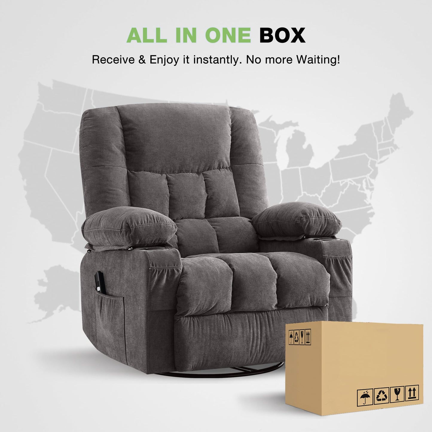 Power Swivel Recliner Chair with Ergonomic for Adults, Oversized Recliner Single Sofa with Rocking Function, Side Pocket, Two Cup Holders and Remote Control for Living Room