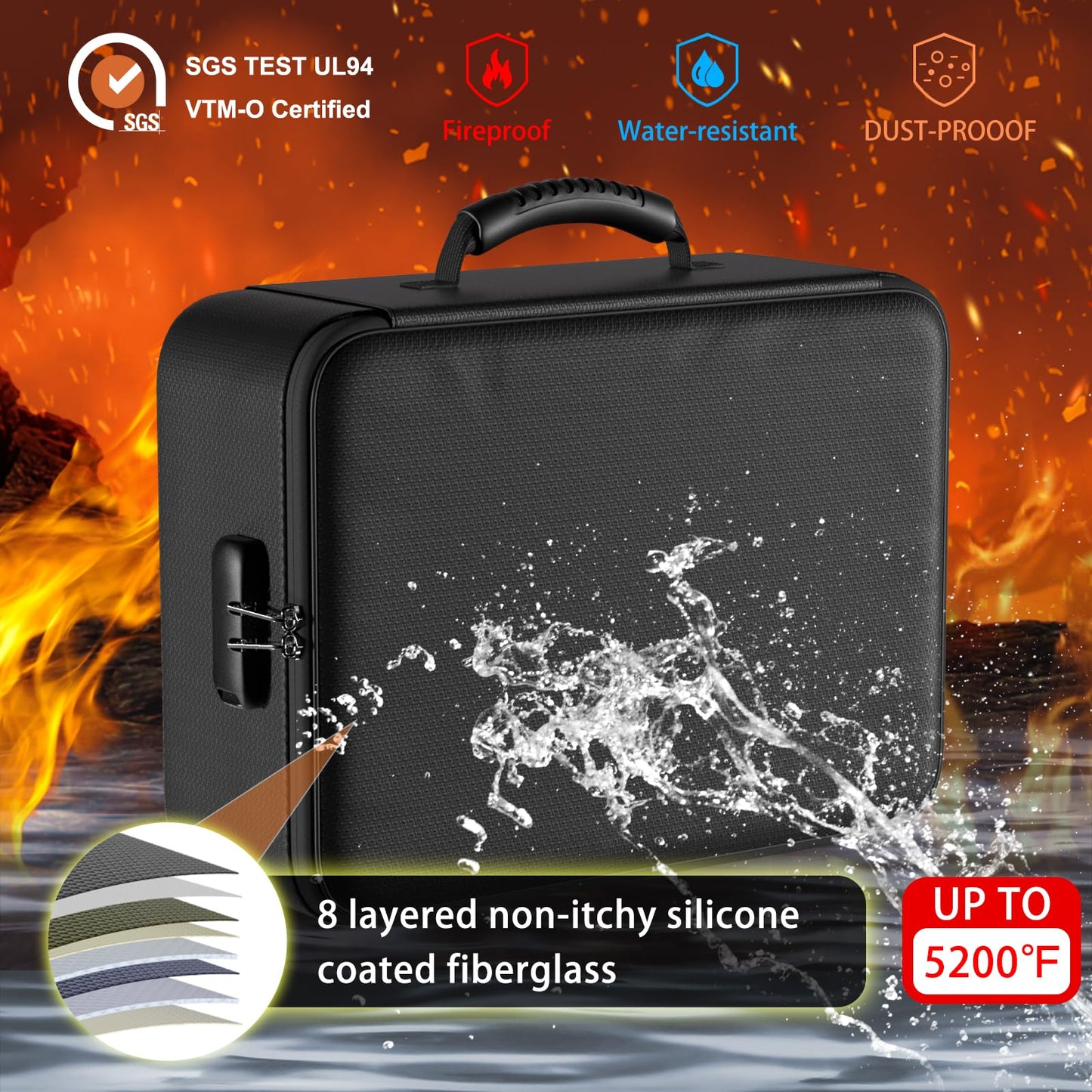ENGPOW 5200°F Fireproof Document Bag with Lock,Upgraded Heat Insulated Fireproof&Waterproof Box 8 Layers File Organizer,Portable Home Travel Safe Storage for Important Documents,Passports,Laptop