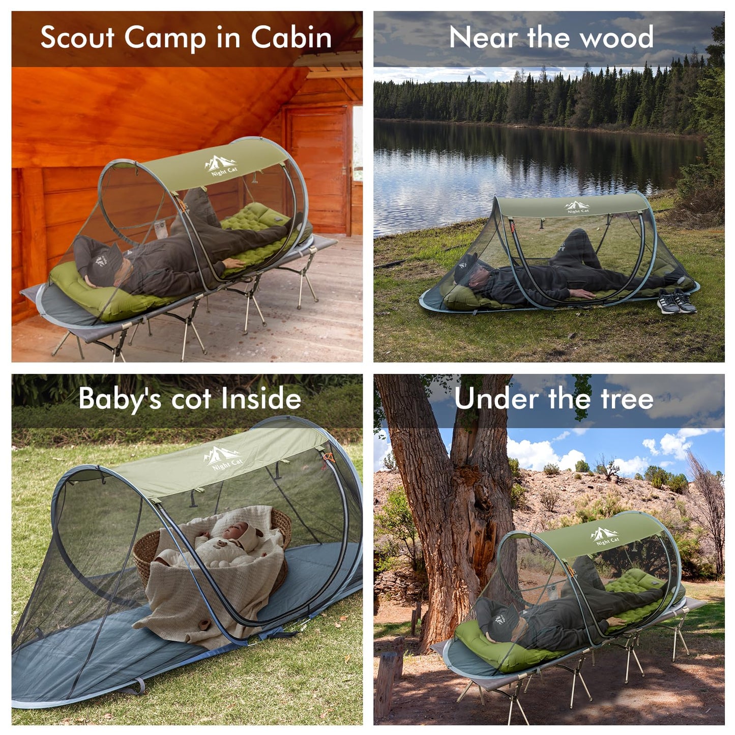 Night Cat Pop-up Mosquito Tent: 1 Person Camping Tent with Bug Screen Net Adults Kids Fits with Camping Cot (Exclueded)