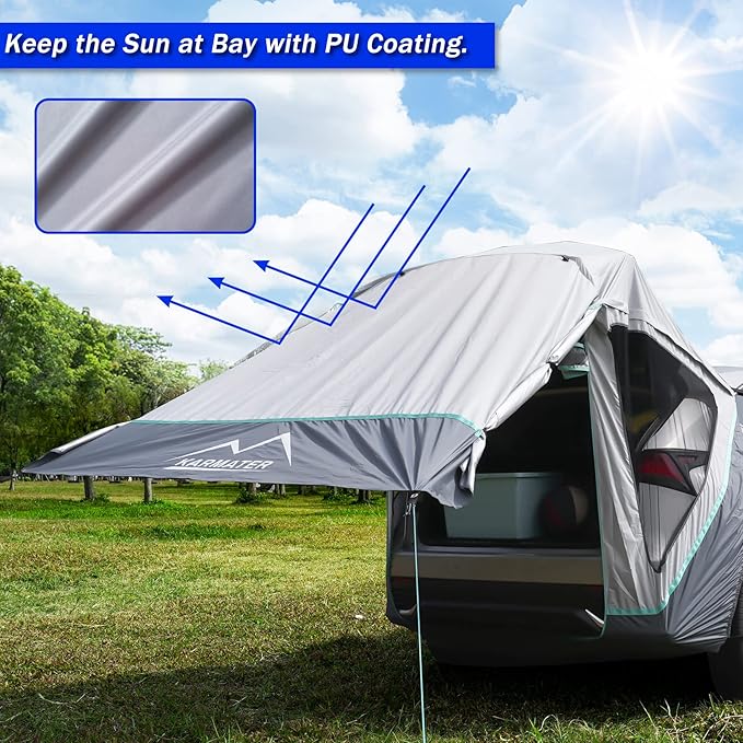 Poles Included SUV Tailgate Tent with Three Sides Awning Shade & Transmittance Mosquito Net, Hatchback Camping Sunproof Car Tent, Universal SUV Windproof Car Camping Gear Tent Outdoor Travel.
