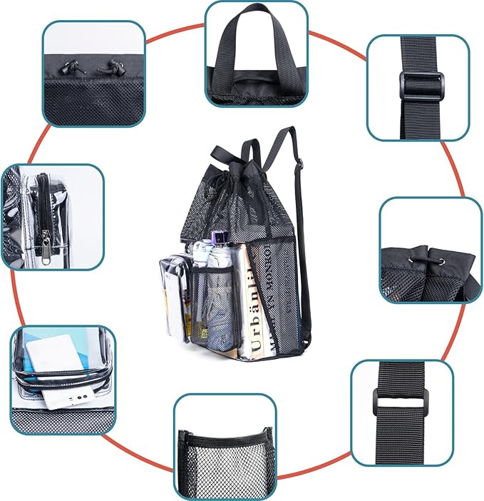 Mildbeer Clear Mesh Backpack for Beach Swimming Gym Travel, Drawstring Mesh Bag for Sports, Camping, Transparent Backpack with Wet and Dry Separation