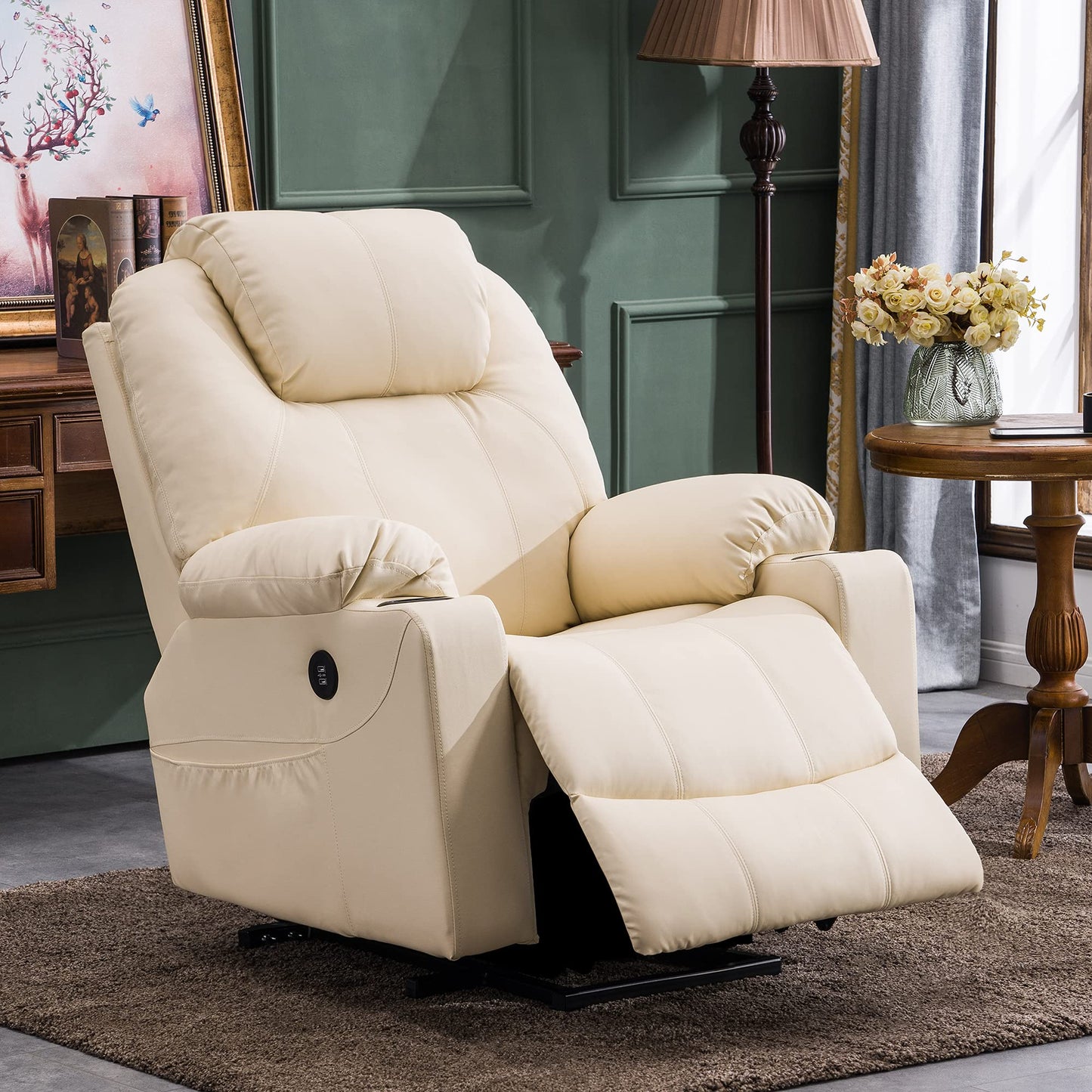 MCombo Power Lift Recliner Chair for Elderly, Lift Chair with Heat and Massage, FSC Certified, USB Ports, Cup Holders, Faux Leather 7040 (Cream White, Medium)