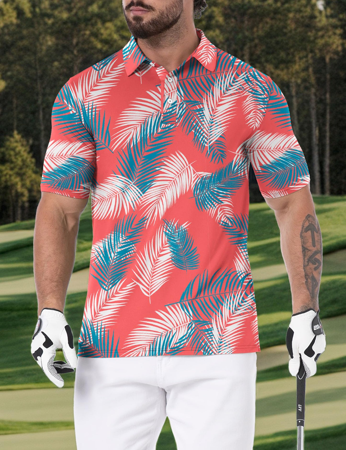 Askdeer Men's Golf Polo Shirts Short Sleeve Performance Dry Fit Polo Shirt Moisture Wicking Casual Golf Shirts Red Palm Leaf