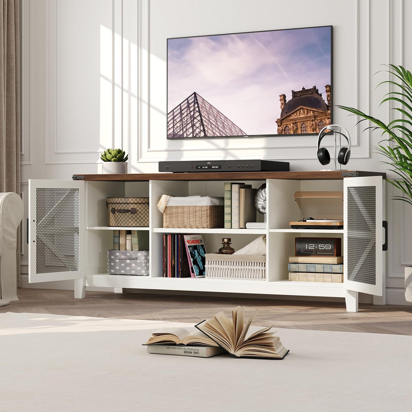 Algglobuy Modern Farmhouse Tv Stand for TVs up to 70 Inch, 58 Inch Entertainment Center with Iron Mesh Door & 2 Adjustable Shelves, Media TV Console Table for Living Room, White (White, 58 Inch)