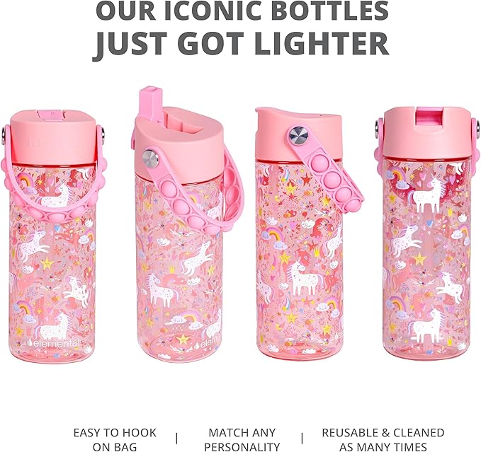Elemental Leak Proof Water Bottles for Kids - Splash Kids Water Bottle for School with Fun Fidget Pop-it Handle - Tritan Plastic Water Bottle with Straw - Mermaid & Pink Unicorn - 18oz (2 Pack)