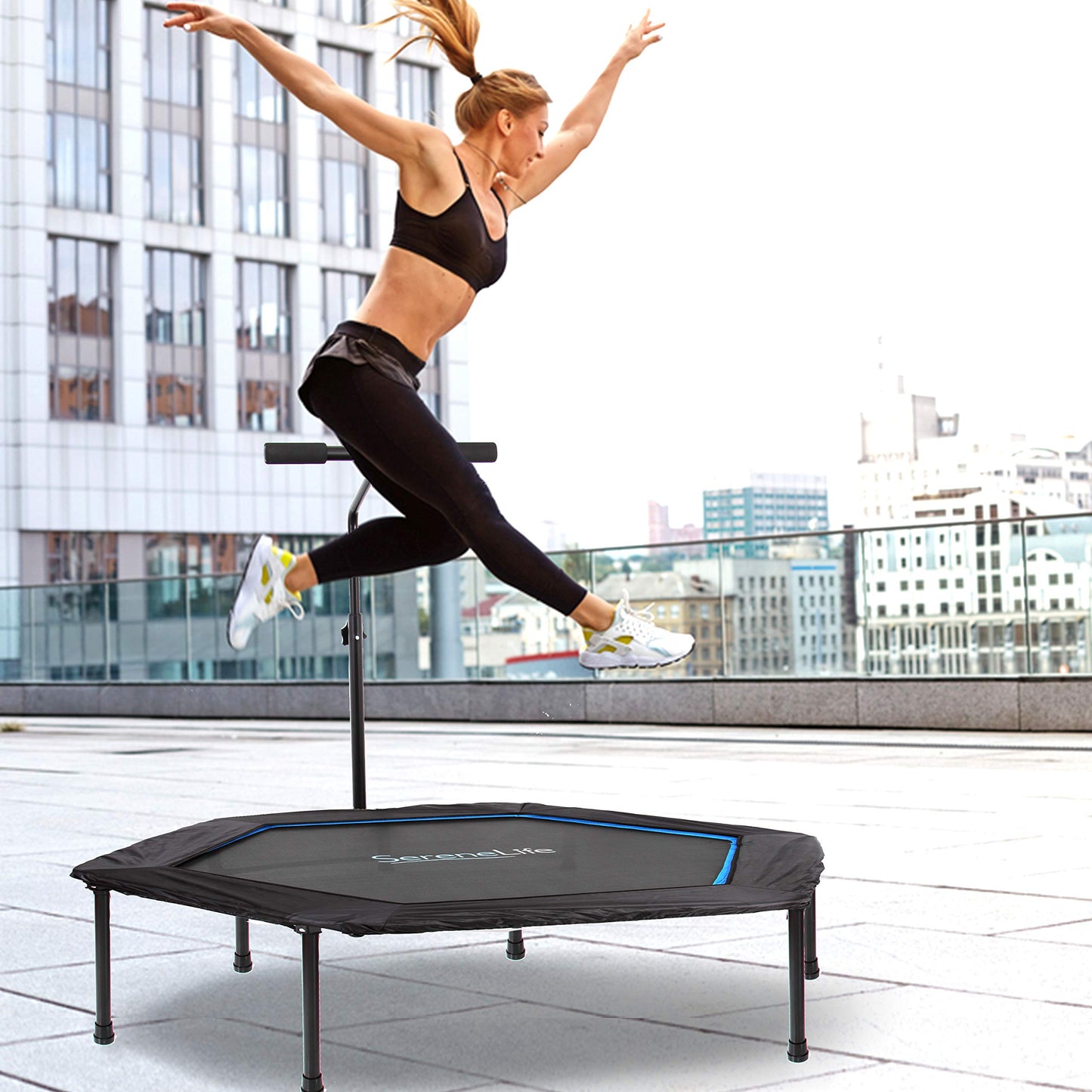 SereneLife Fitness Exercise Rebounder Mini Trampoline-48' Inch Hexagonal Jump Exercise Equipment Mini Trampoline For Adults-Rebounders Mini Trampolines For Adults With Bar Handle-SereneLife SLELT518