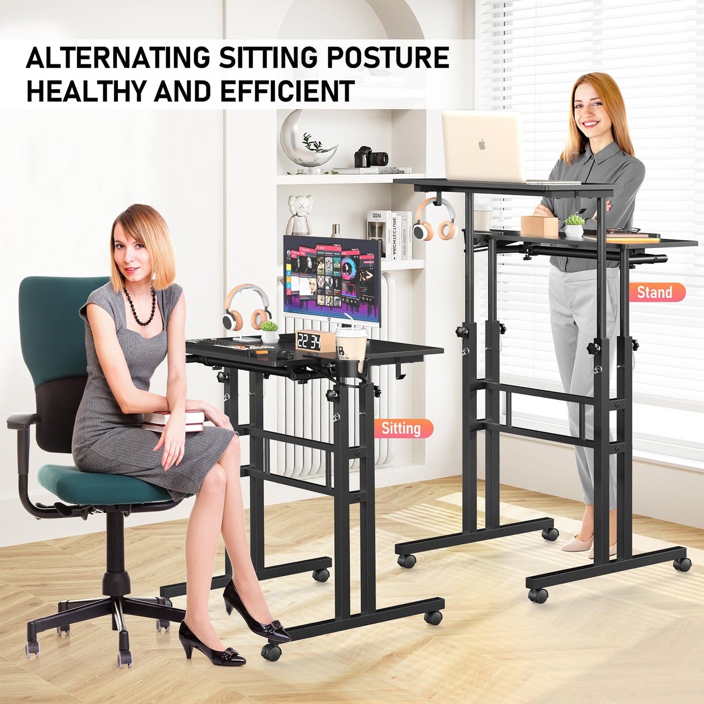 Enayplon Small Standing Desk with Wheels, Tall Mobile Stand Up Table, Portable Standing Desk for Walking Pad, Rolling Table Adjustable Height, Rolling Computer Table for Tall Person