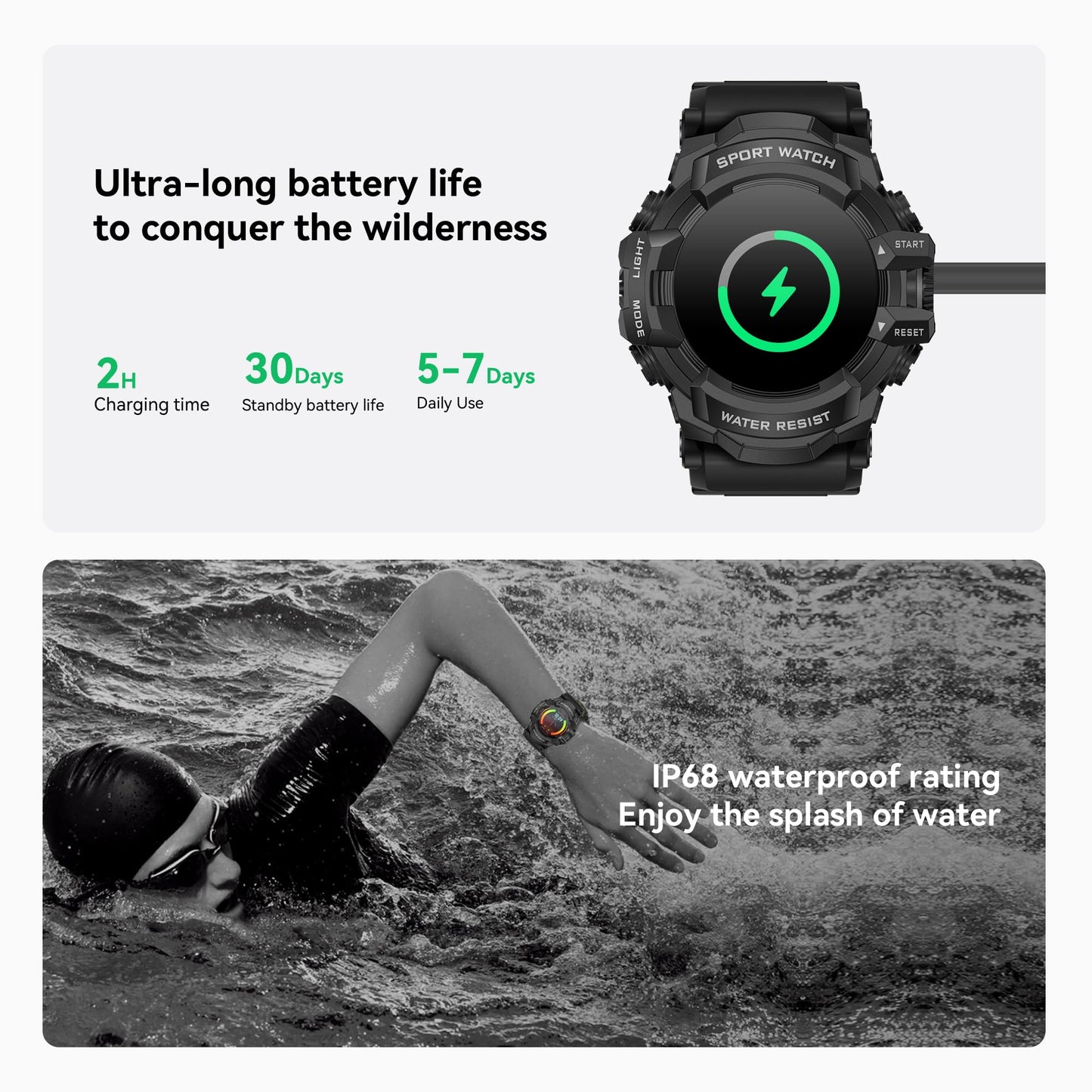 MIDDOW Military Smart Watch with Flashlight (Answer/Make Call) Compass, Heart Rate/Sleep/Pedometer/100+ Sports Modes, Fitness Tracker IP68 Waterproof, Long Battery Life Android & iOS (Black)