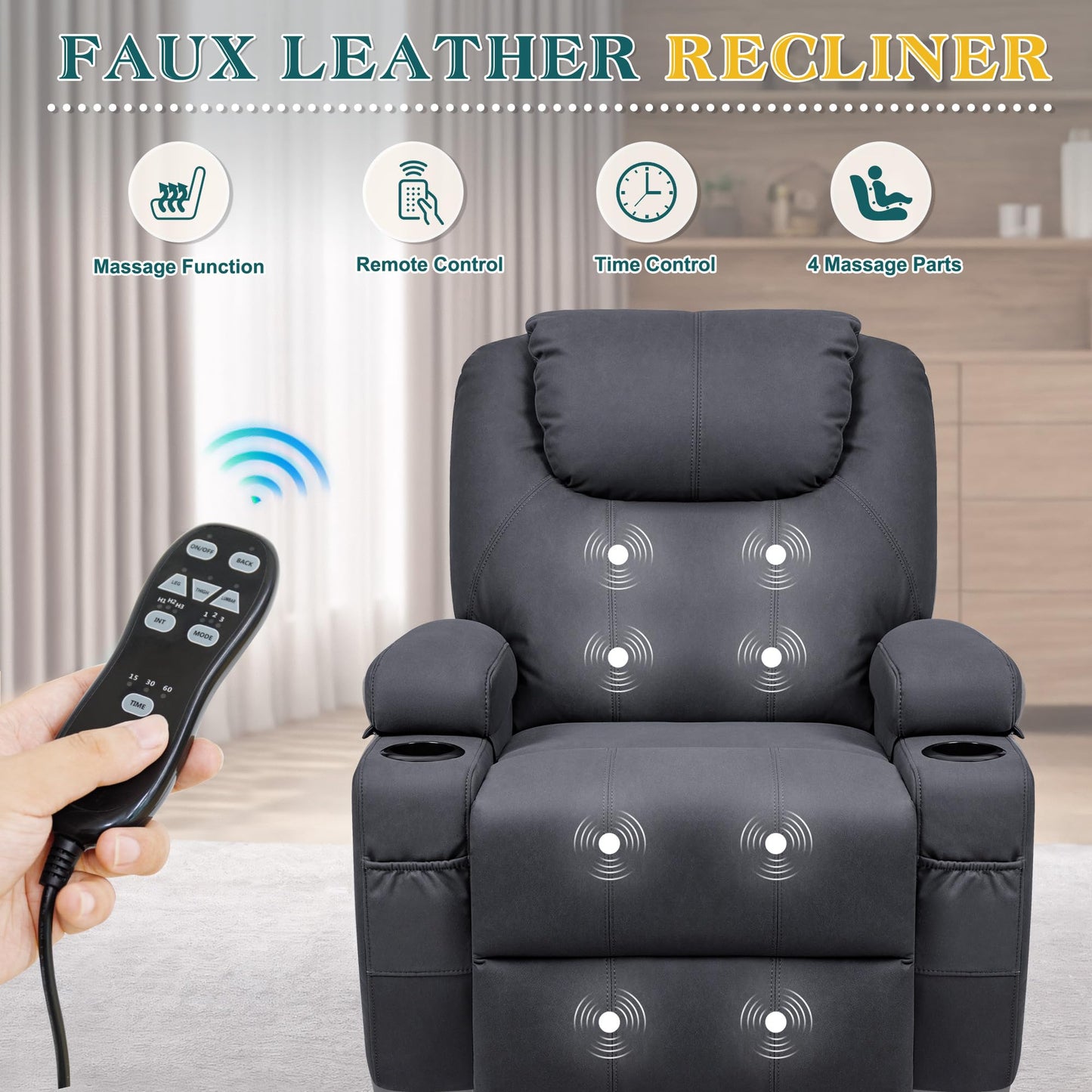 Flamaker Power Lift Recliner Chair with Massage for Elderly Ergonomic Lounge Chair Classic Single Sofa with 2 Cup Holders Side Pockets Home Theater Seat (Fabric, Navy Blue)