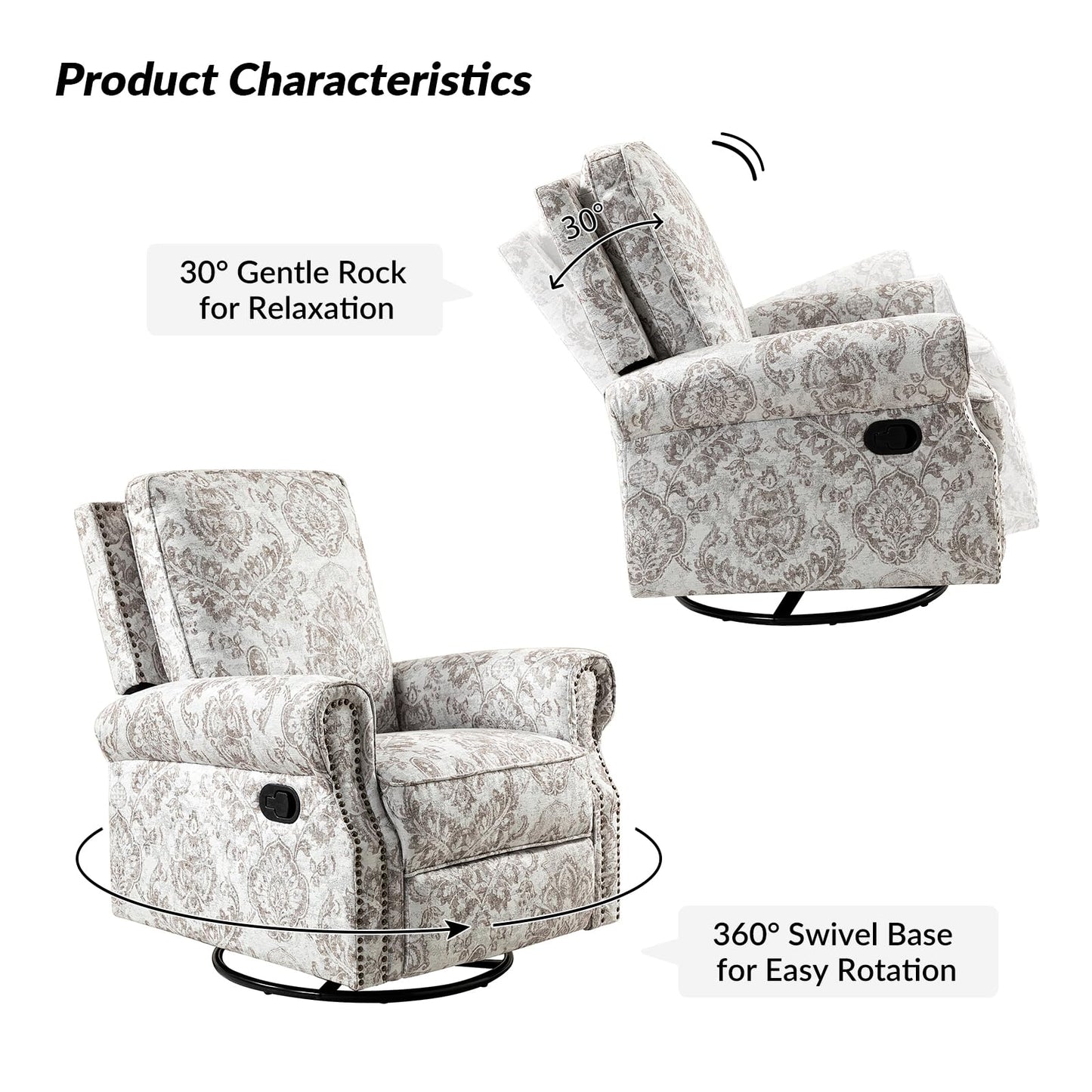 HULALA Home Swivel Rocker Recliner Set of 2, Modern Printed Fabric Swivel Recliner Chair for Adults Glider with Adjustable Backrest & Footrest, Beige