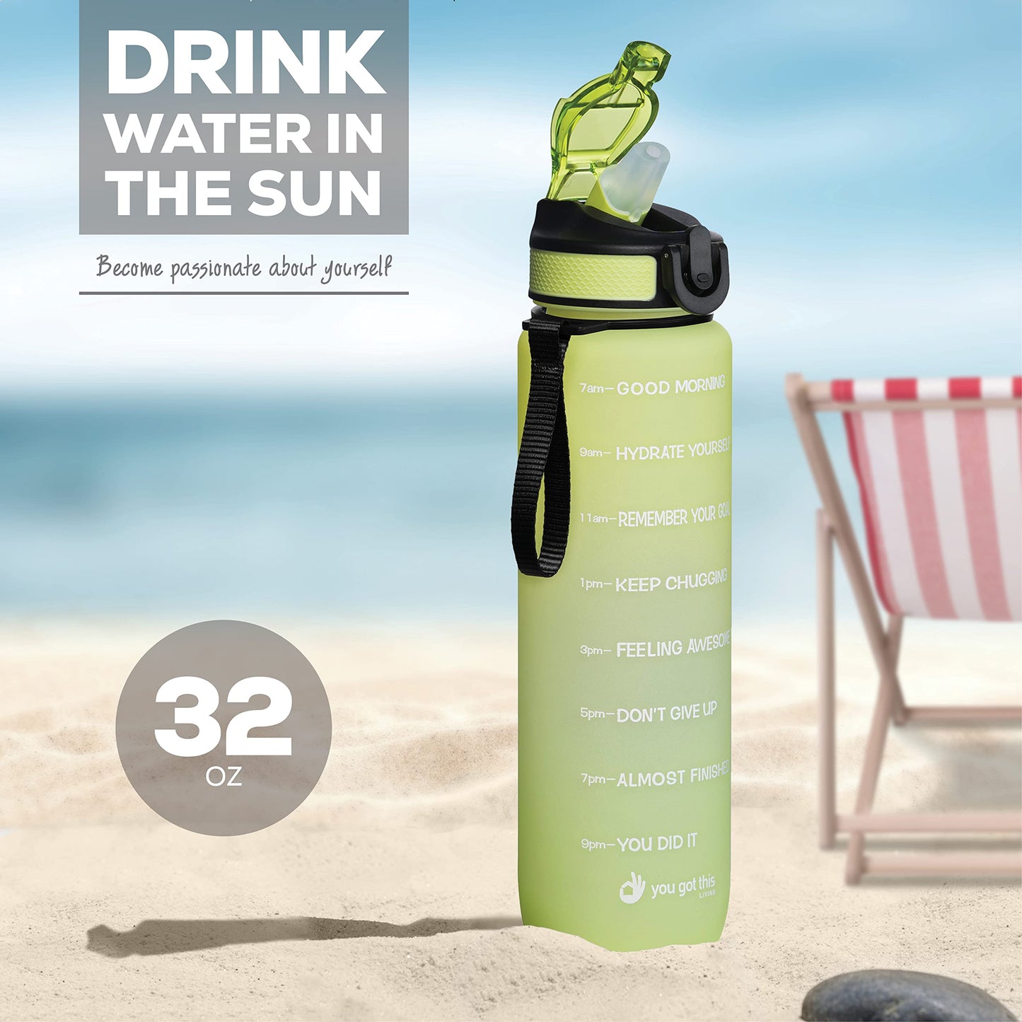 YOU GOT THIS LIVING Motivational Water Bottle with Time Marker, 32 oz Water Bottle, Sports Water Bottle with Spout, Achieve All-Day Hydration SpillProof, BPA FREE