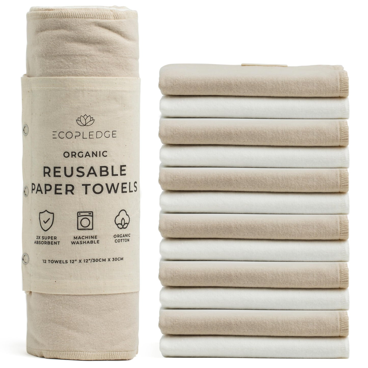 Reusable Paper Towels Washable Roll - Thick 12-pc Two Layered Ultra Absorbent Paperless Certified Organic Cotton Towels - Large Cloth Kitchen Paper Towel with Hanging Loop