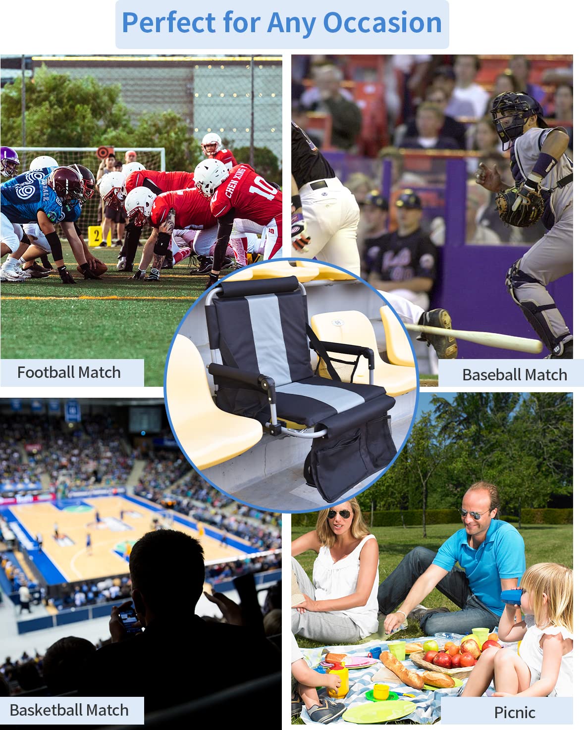 AOOXIMI Stadium Seats for Bleachers with Back Support, Bleacher Seats with Backs and Cushion Wide, Stadium Chairs with Cup Holders, Mesh Bags and Hide Hooks, for Basketball and Football Bench Seats